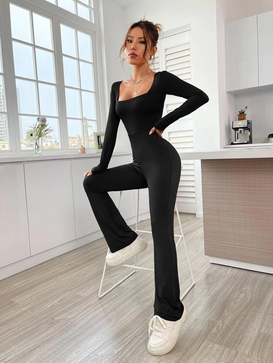 Square Neck Flare Leg Jumpsuit-Comfy Jumpsuits