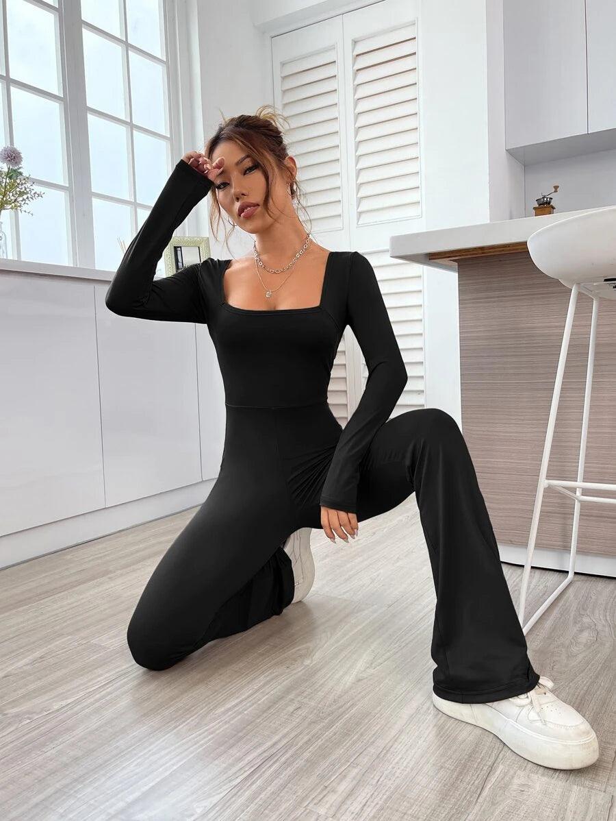 Square Neck Flare Leg Jumpsuit-Comfy Jumpsuits