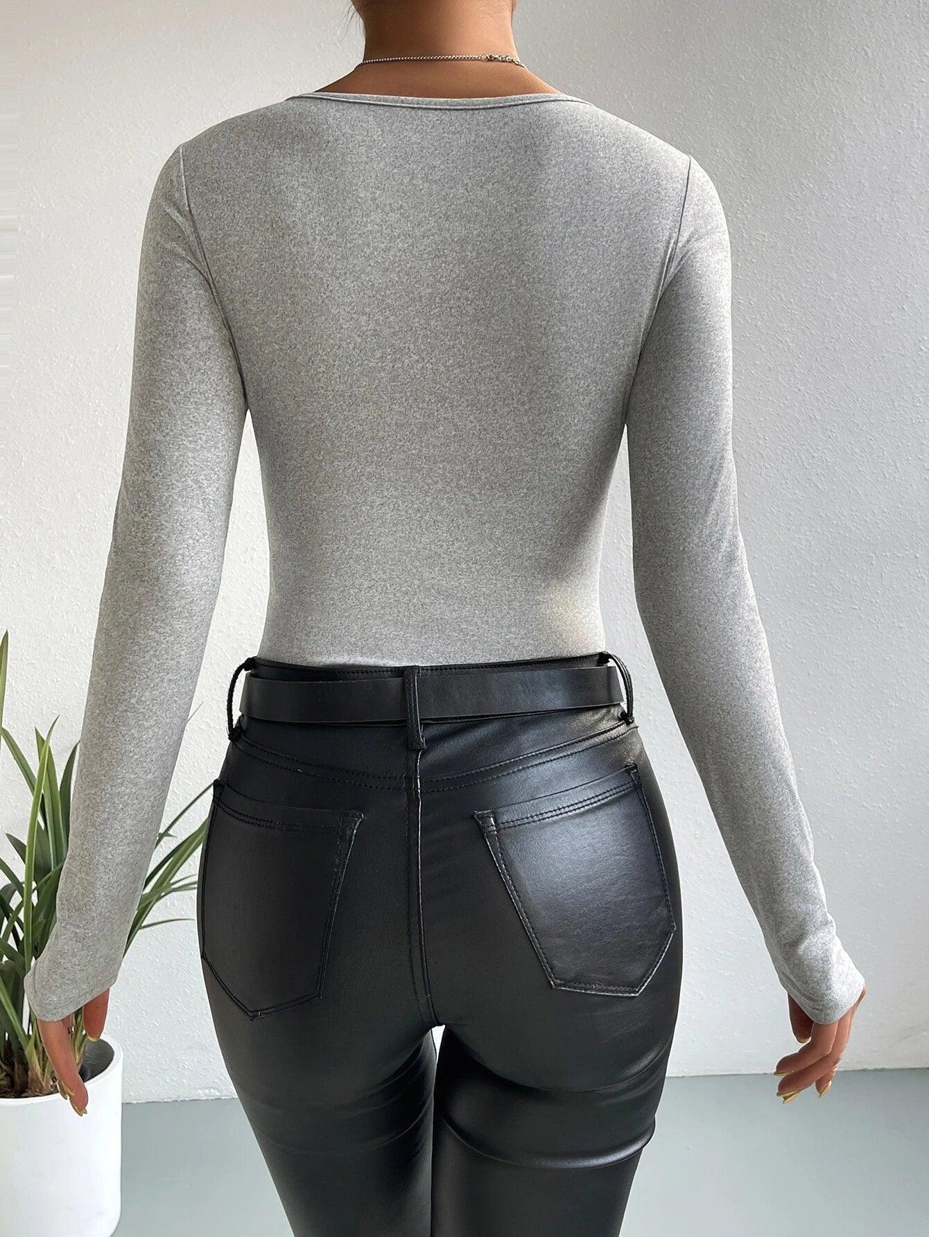 Square Neck Slim Fit Bodysuit-Comfy Jumpsuits