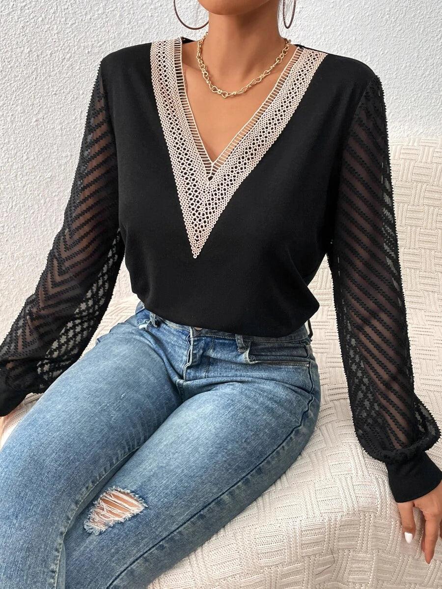 Guipure Lace Lantern Sleeve Bodysuit-Comfy Jumpsuits