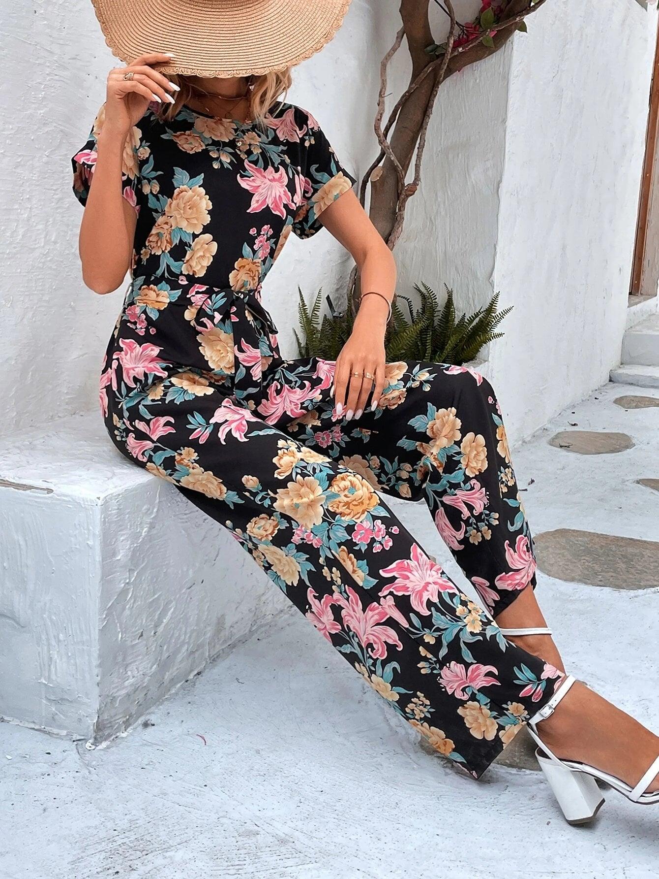 Floral Print Wide Leg Belted Jumpsuit-Comfy Jumpsuits