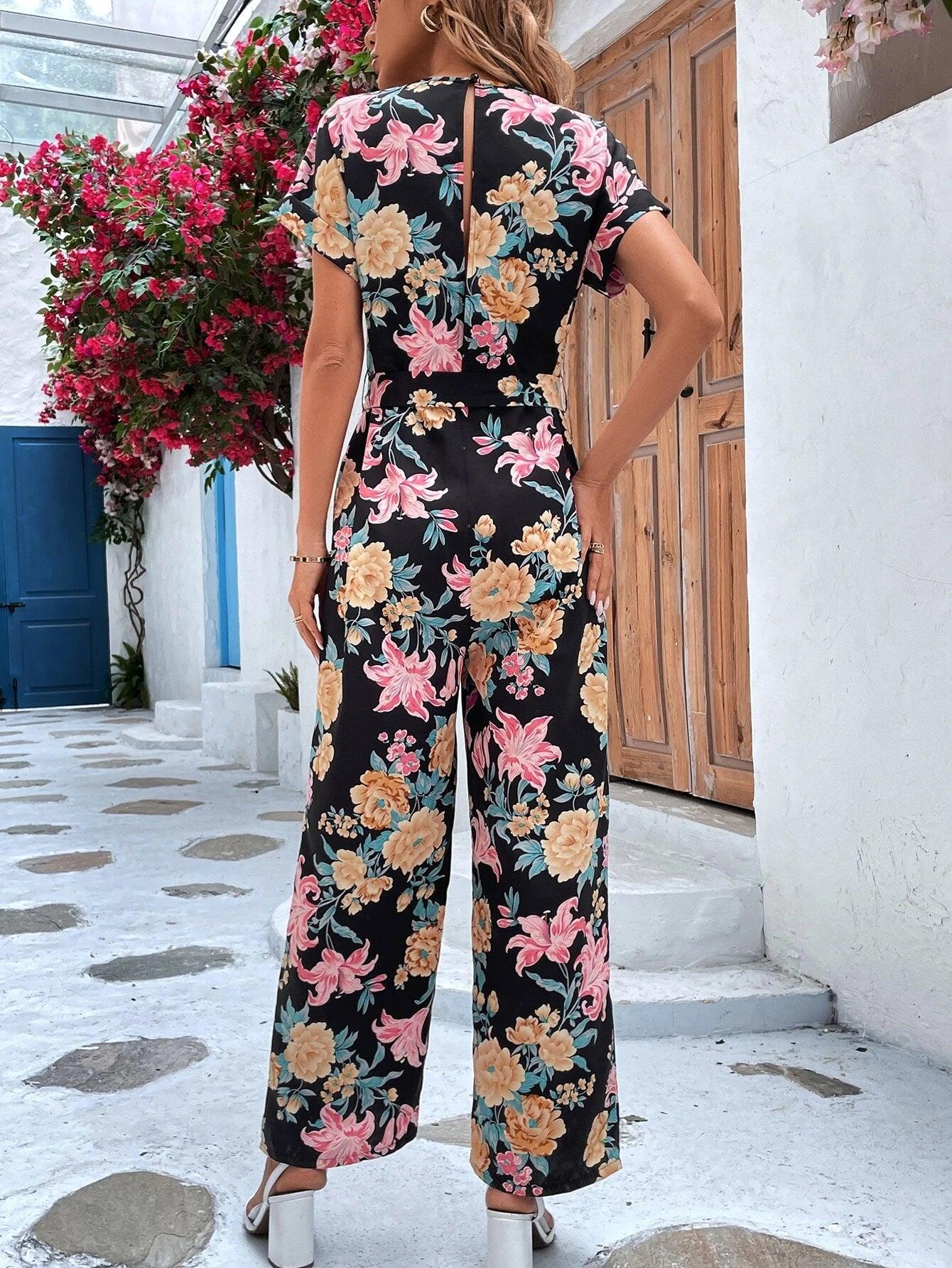 Floral Print Wide Leg Belted Jumpsuit-Comfy Jumpsuits