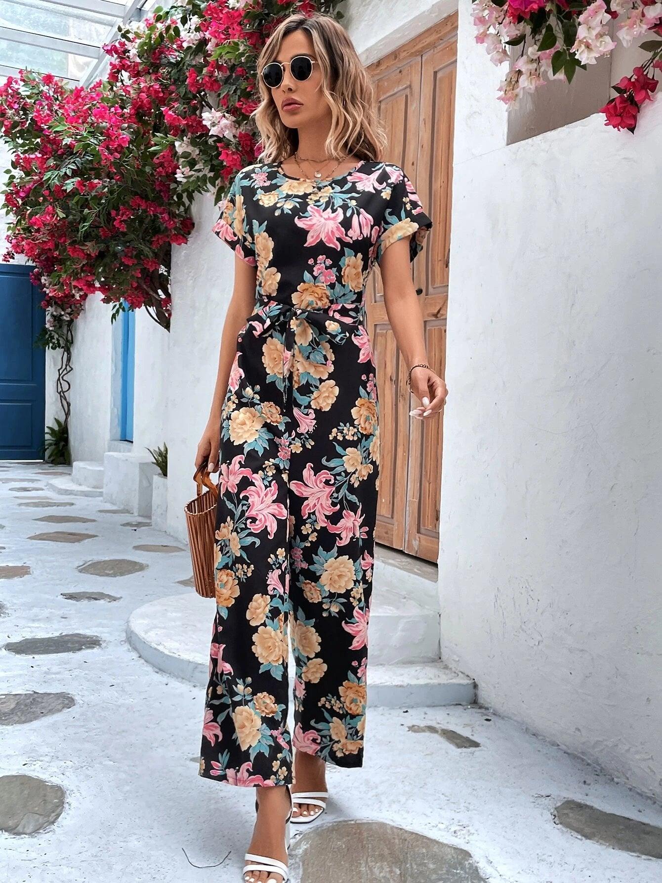 Floral Print Wide Leg Belted Jumpsuit-Comfy Jumpsuits