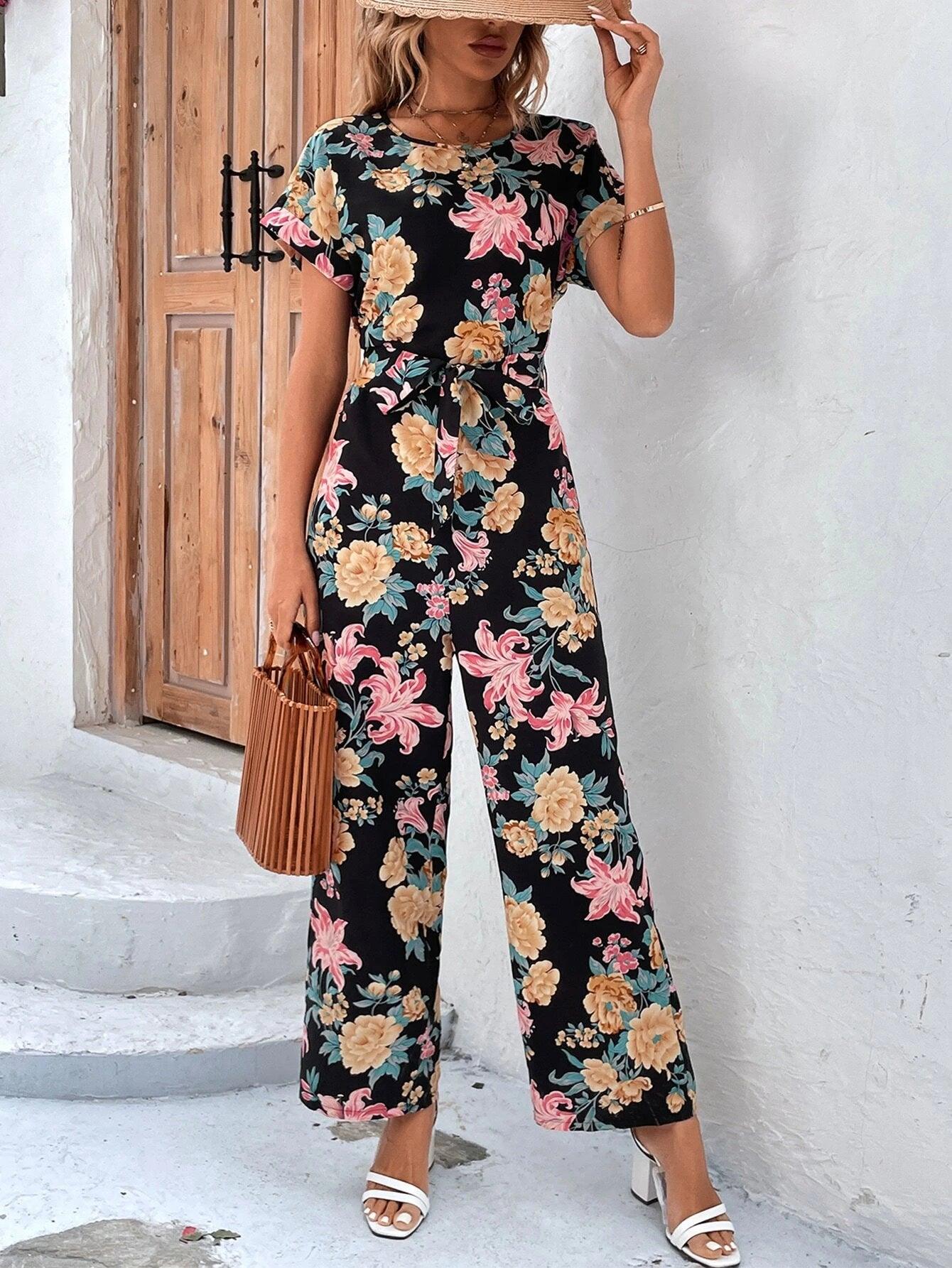 Floral Print Wide Leg Belted Jumpsuit-Comfy Jumpsuits