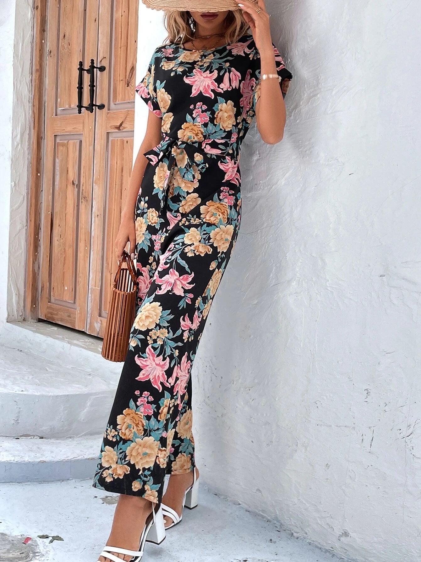 Floral Print Wide Leg Belted Jumpsuit-Comfy Jumpsuits