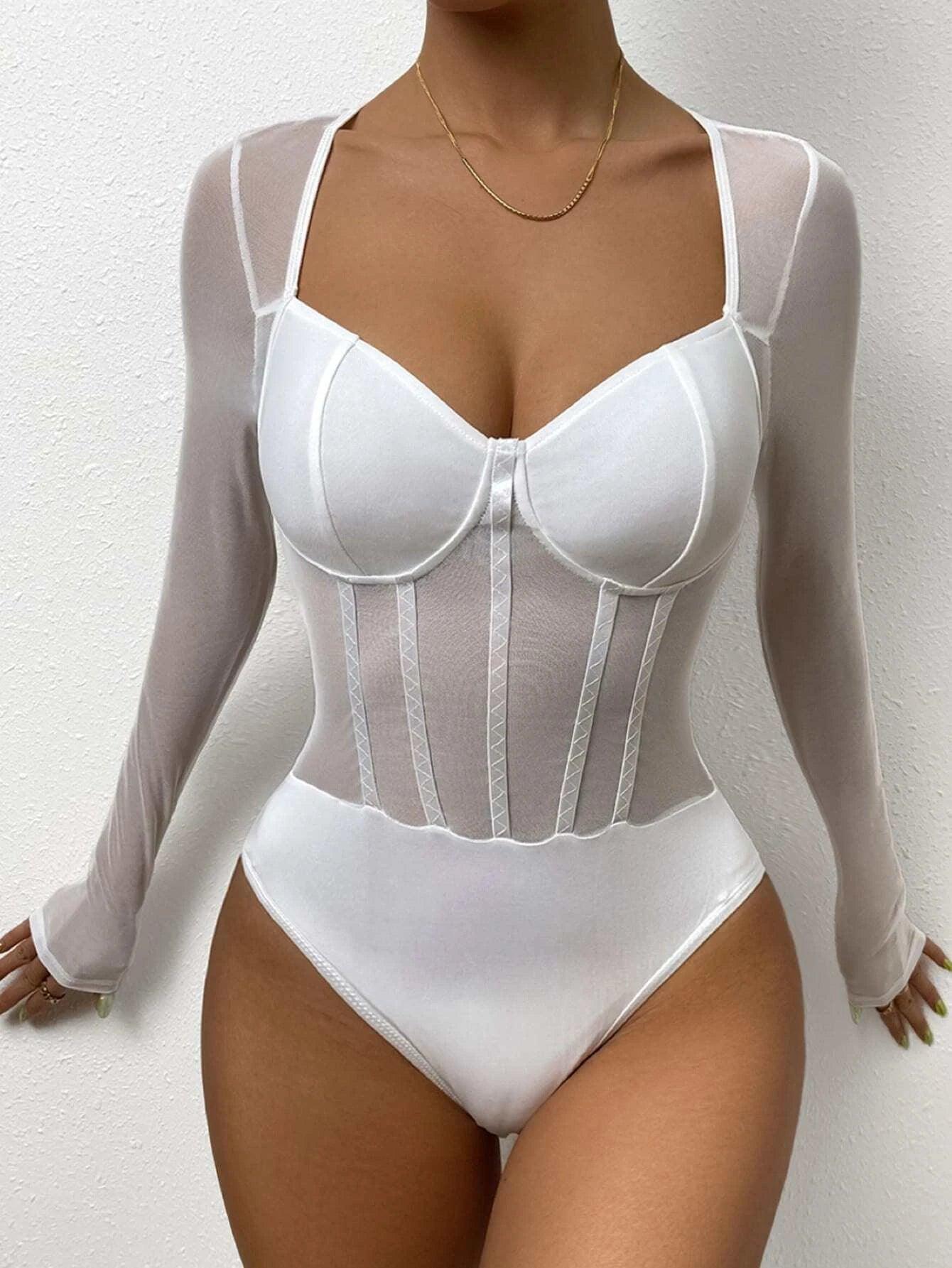 Plain Contrast Mesh Bodysuit-Comfy Jumpsuits