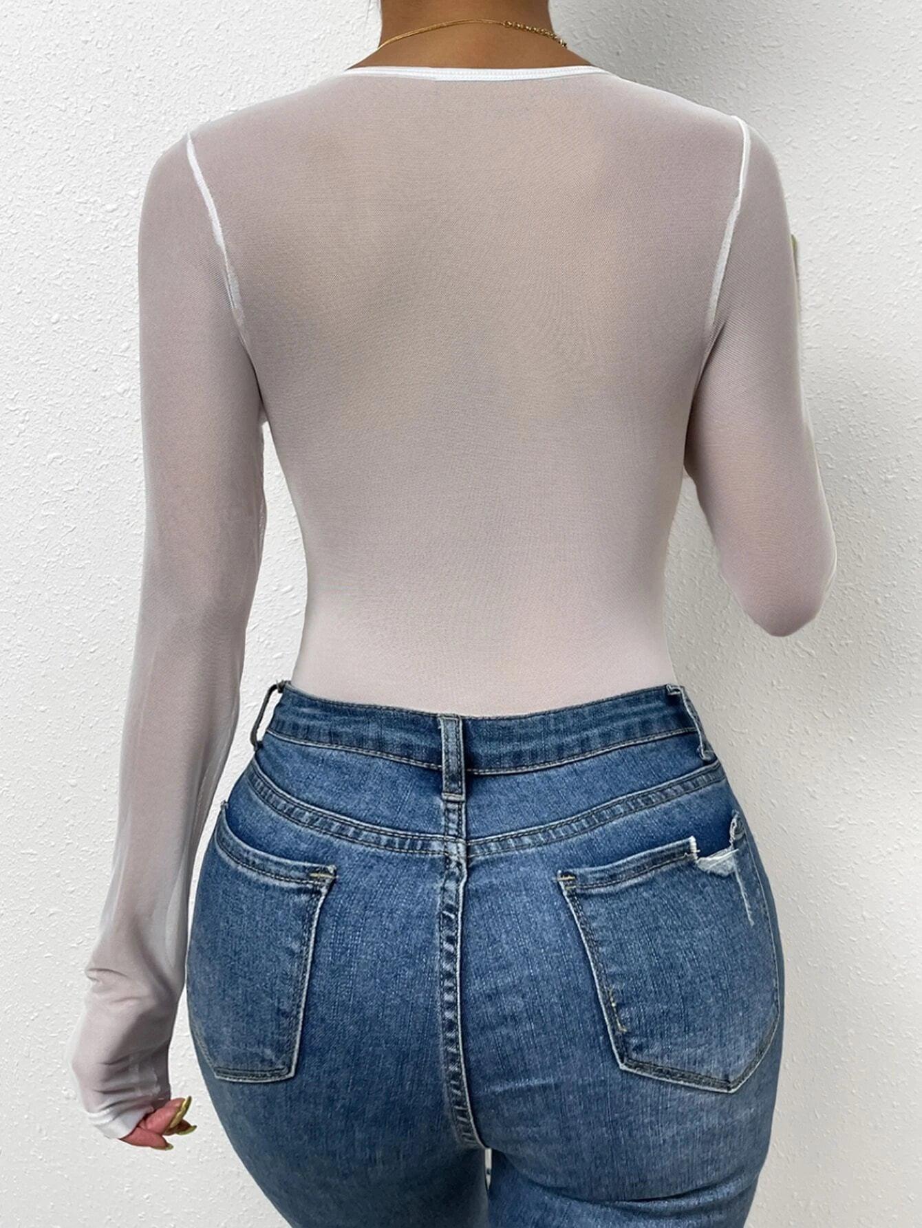 Plain Contrast Mesh Bodysuit-Comfy Jumpsuits