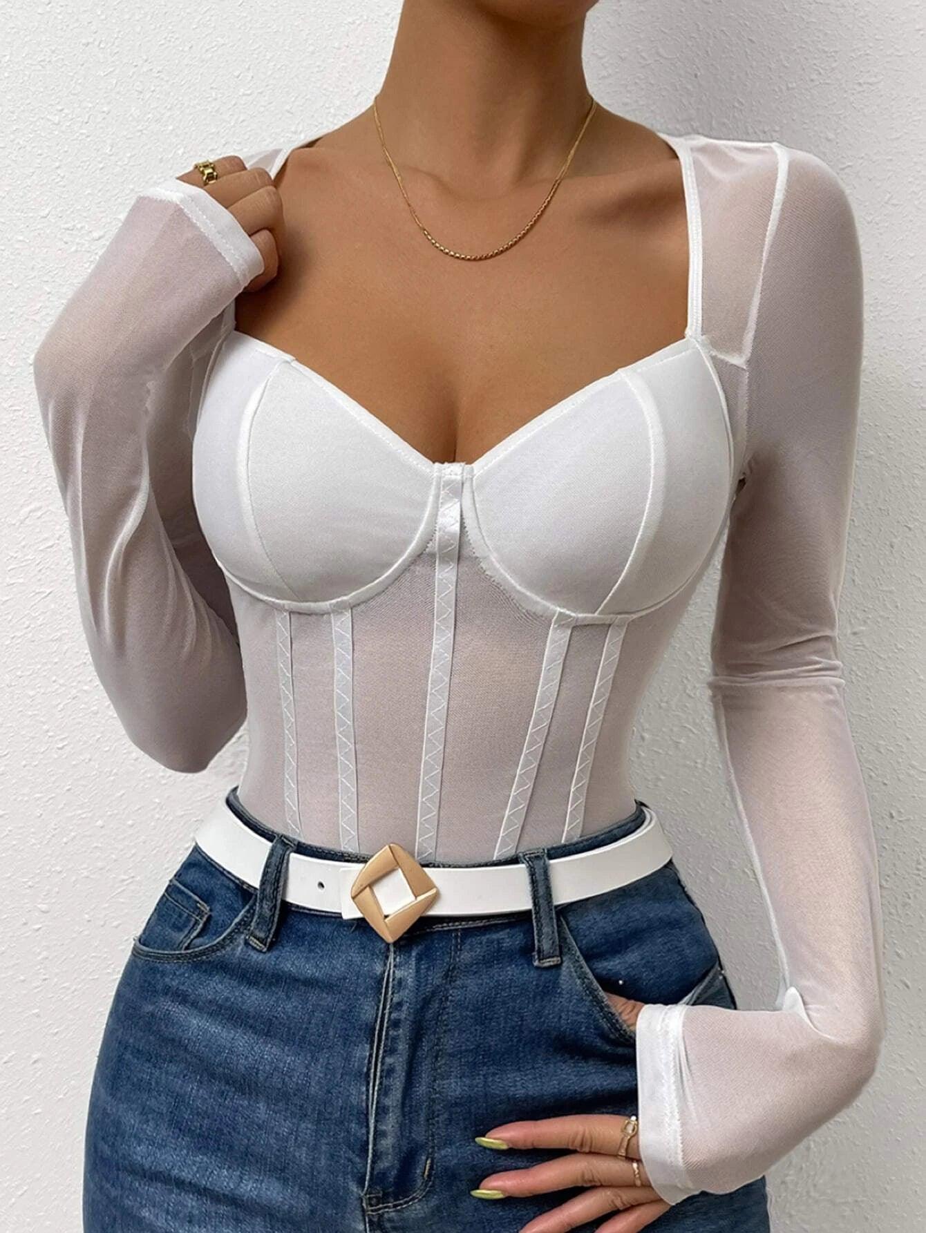 Plain Contrast Mesh Bodysuit-Comfy Jumpsuits