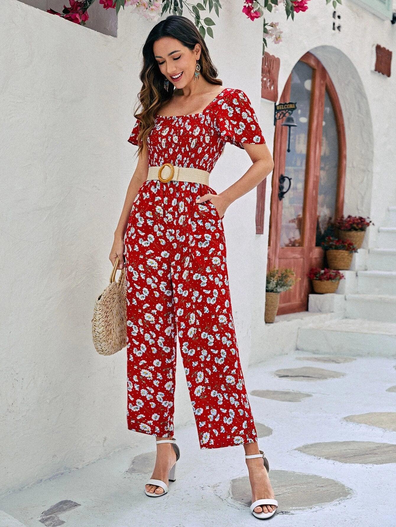 Floral Print Square Neckline Jumpsuit-Comfy Jumpsuits