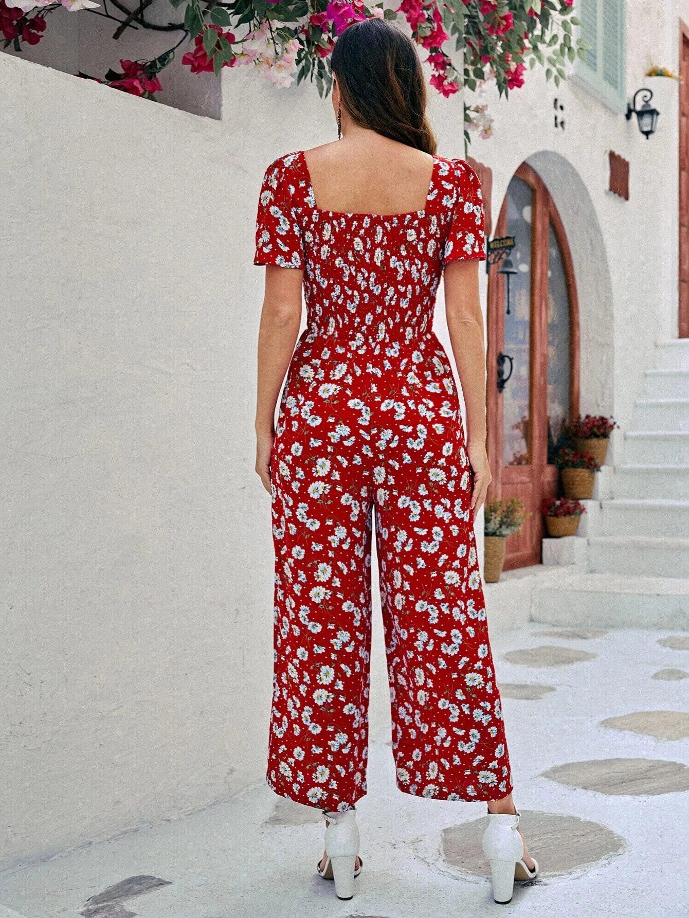 Floral Print Square Neckline Jumpsuit-Comfy Jumpsuits