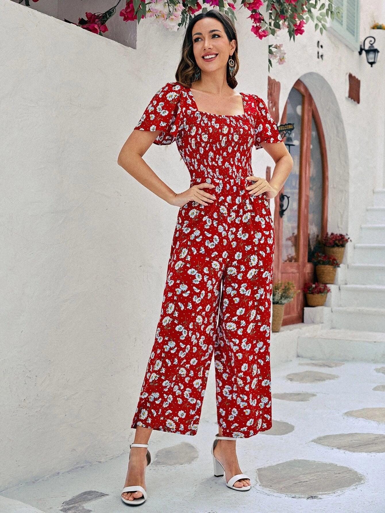 Floral Print Square Neckline Jumpsuit-Comfy Jumpsuits