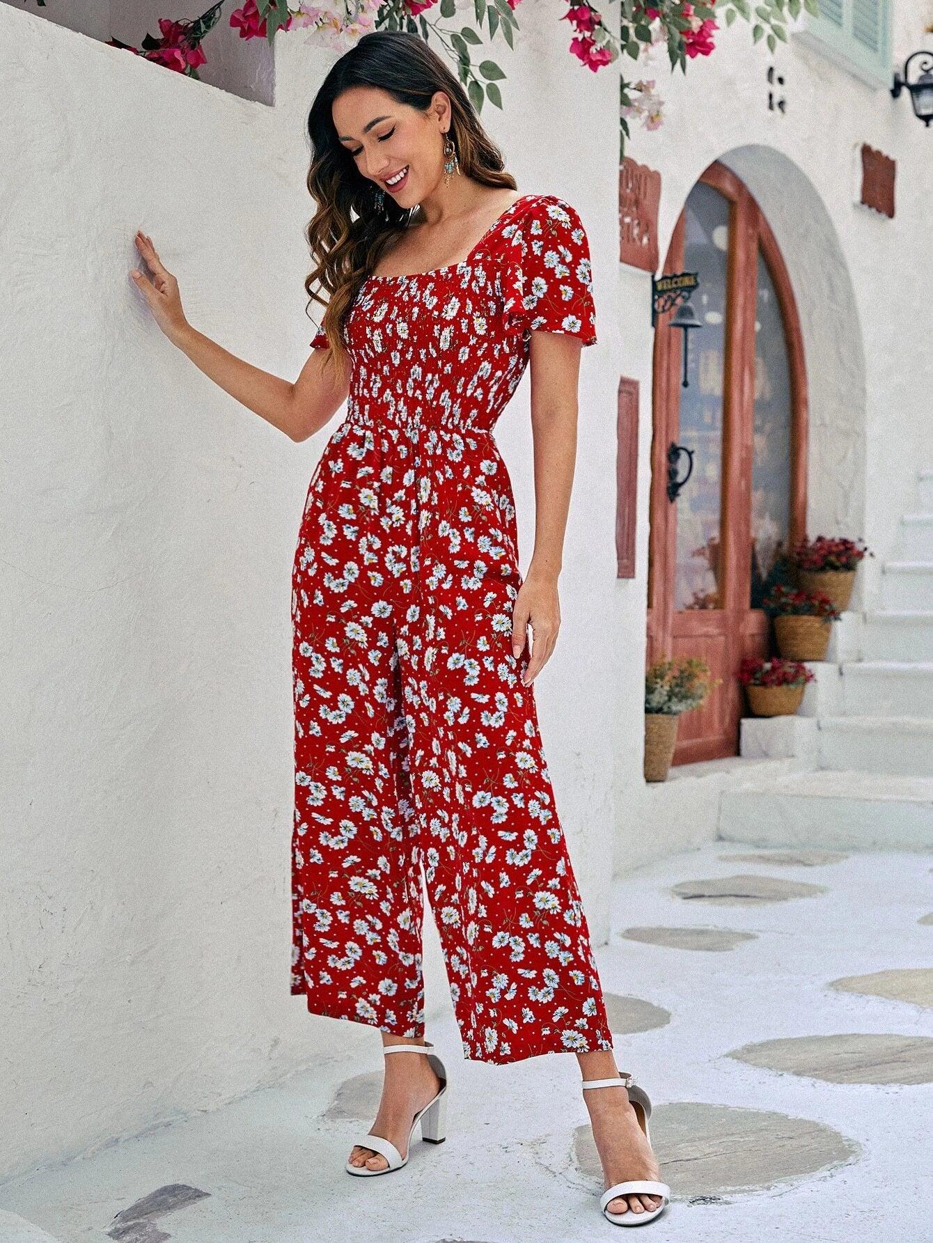 Floral Print Square Neckline Jumpsuit-Comfy Jumpsuits