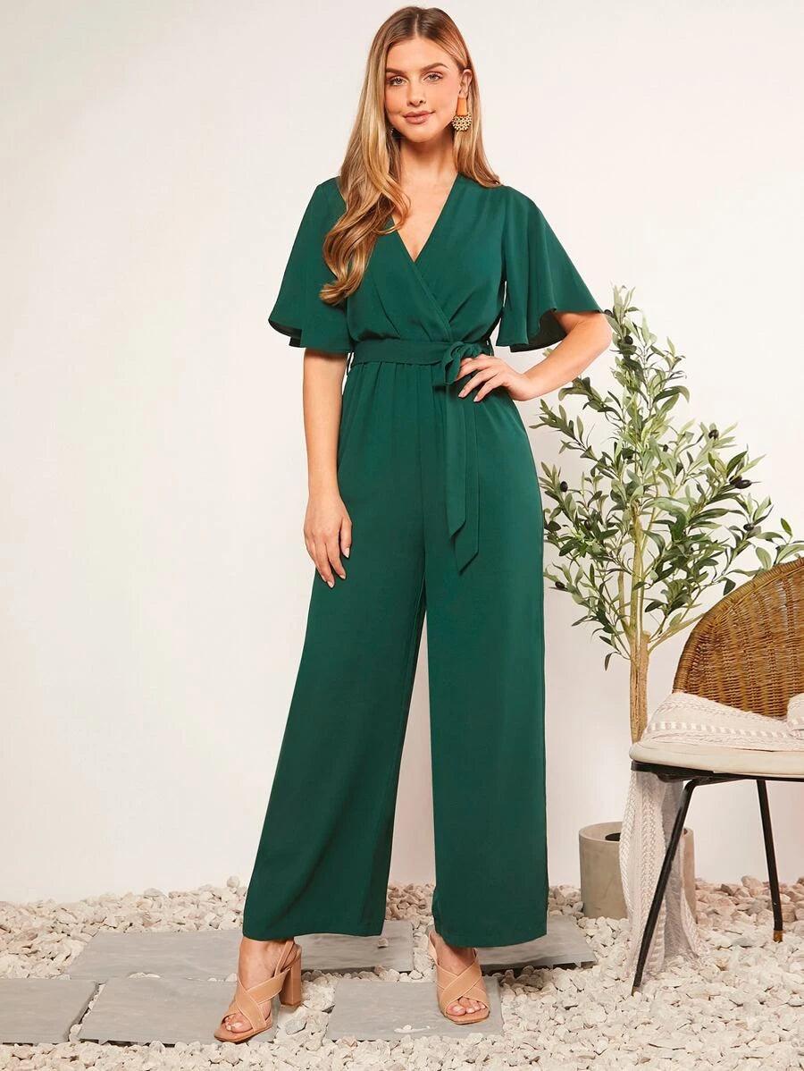 Butterfly Sleeve V Neck Wide Leg Jumpsuit-Comfy Jumpsuits