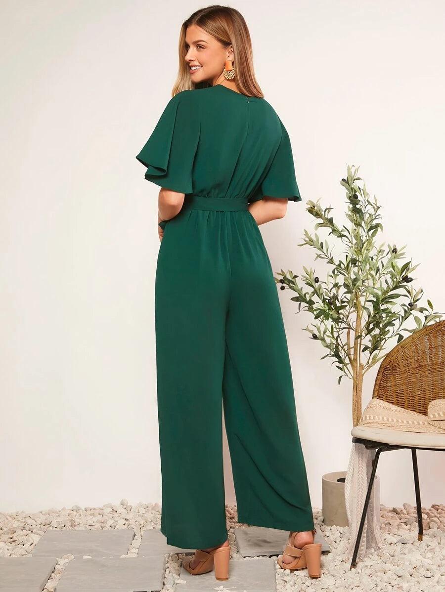 Butterfly Sleeve V Neck Wide Leg Jumpsuit-Comfy Jumpsuits