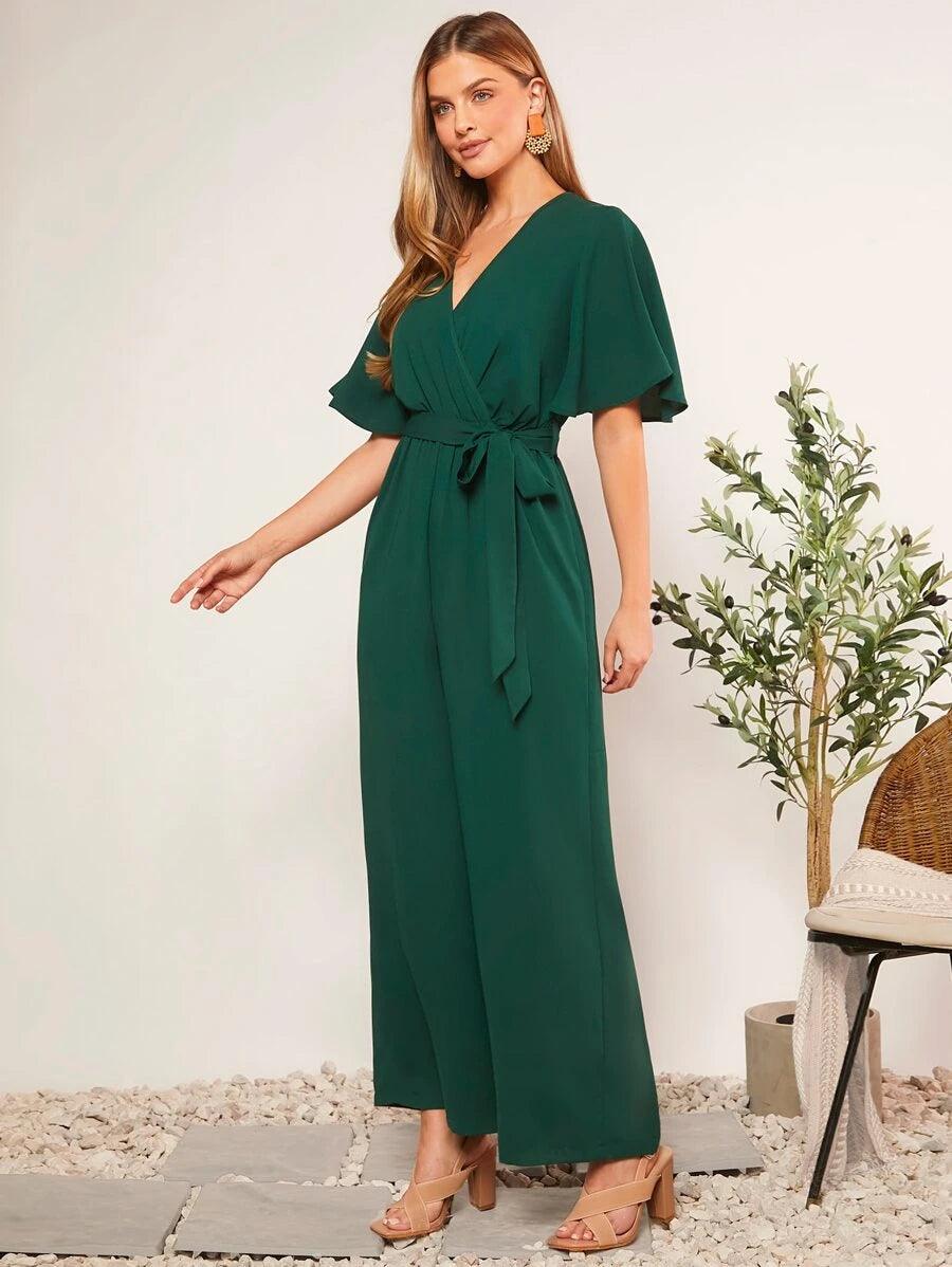 Butterfly Sleeve V Neck Wide Leg Jumpsuit-Comfy Jumpsuits