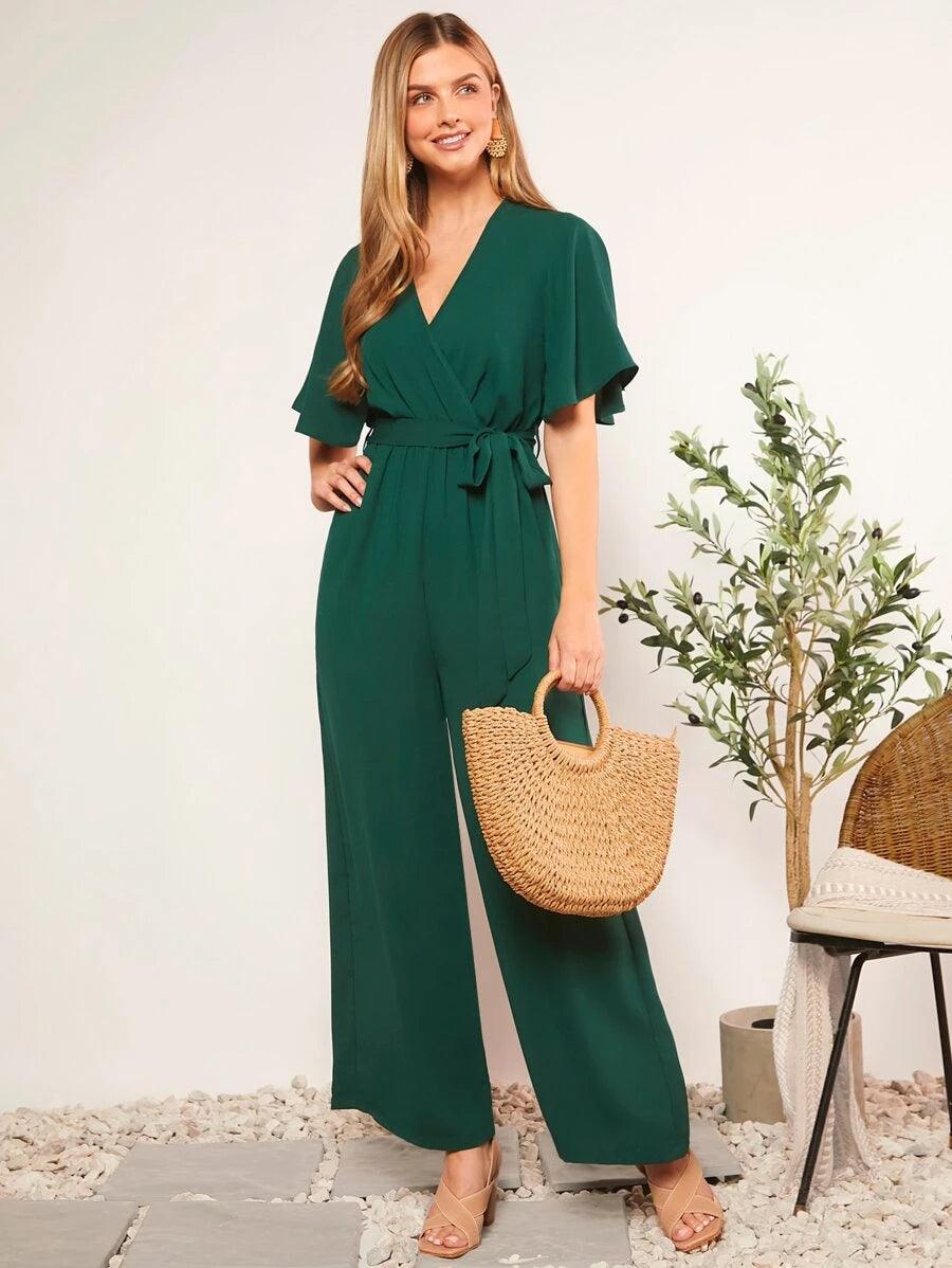 Butterfly Sleeve V Neck Wide Leg Jumpsuit-Comfy Jumpsuits