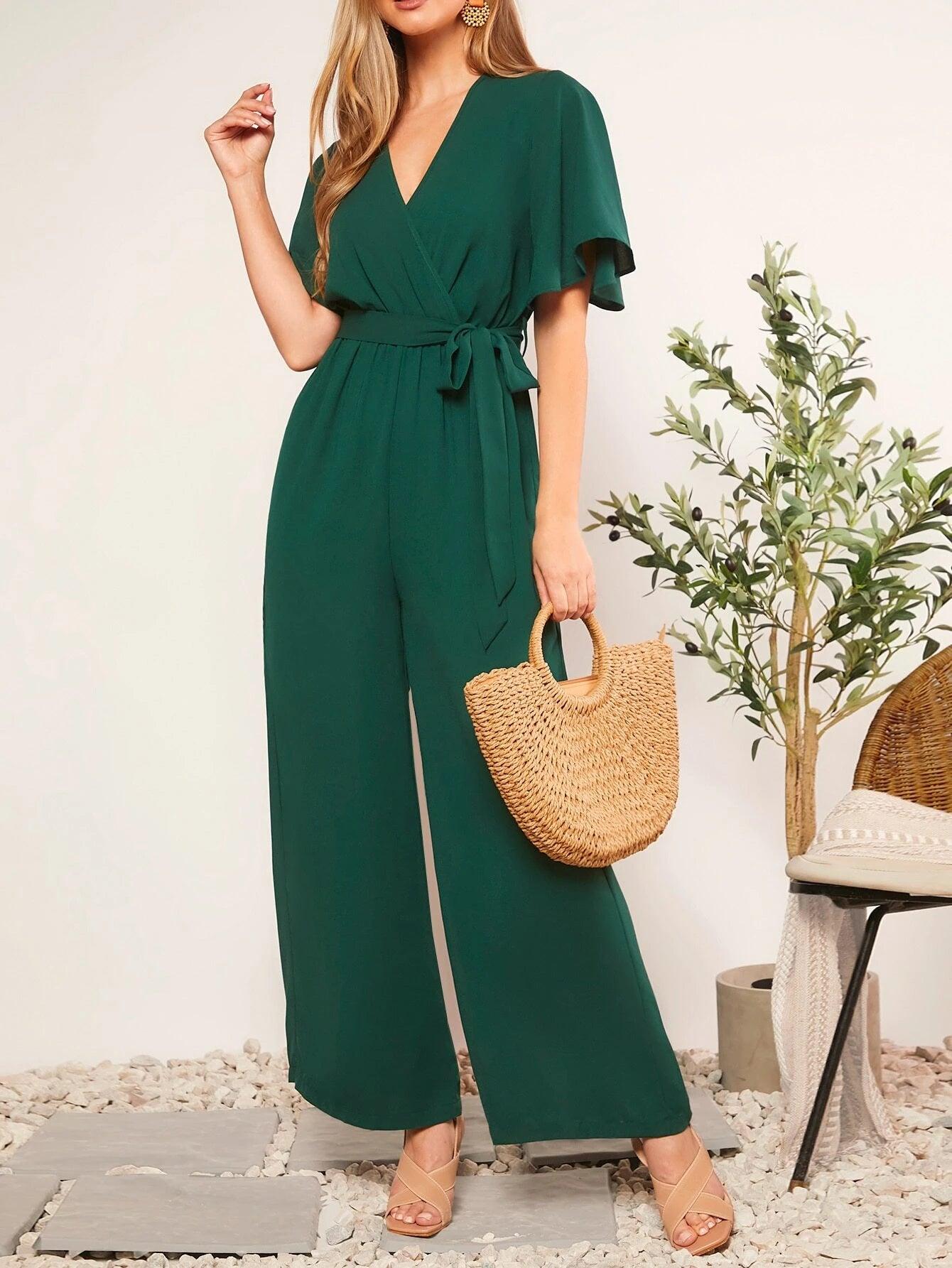 Butterfly Sleeve V Neck Wide Leg Jumpsuit-Comfy Jumpsuits