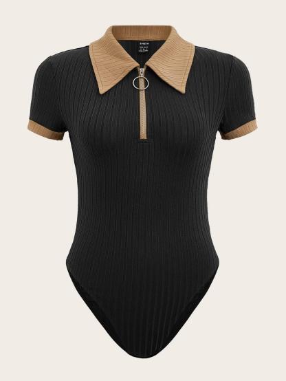 Contrast Collar Quarter Zip Bodysuit-Comfy Jumpsuits