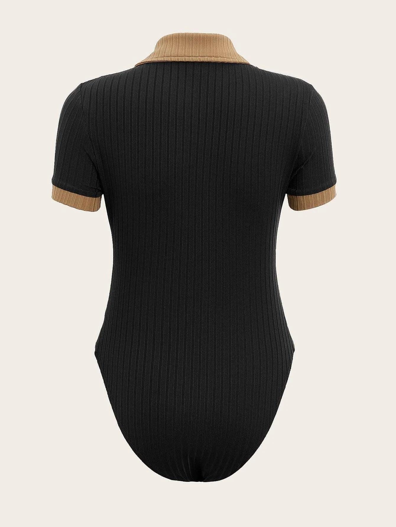 Contrast Collar Quarter Zip Bodysuit-Comfy Jumpsuits