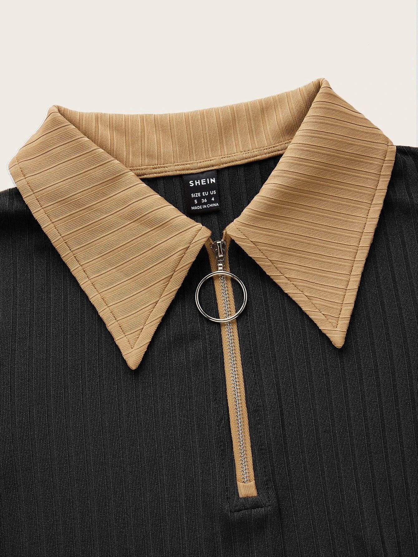 Contrast Collar Quarter Zip Bodysuit-Comfy Jumpsuits