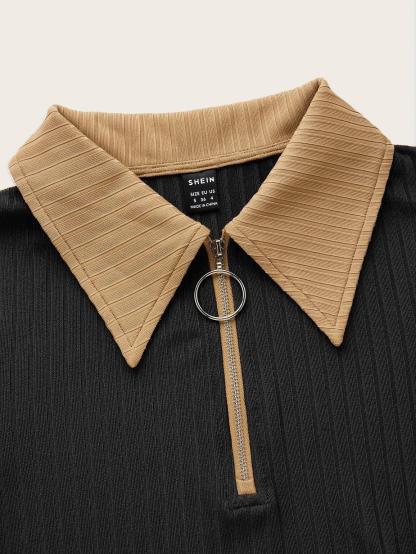 Contrast Collar Quarter Zip Bodysuit-Comfy Jumpsuits