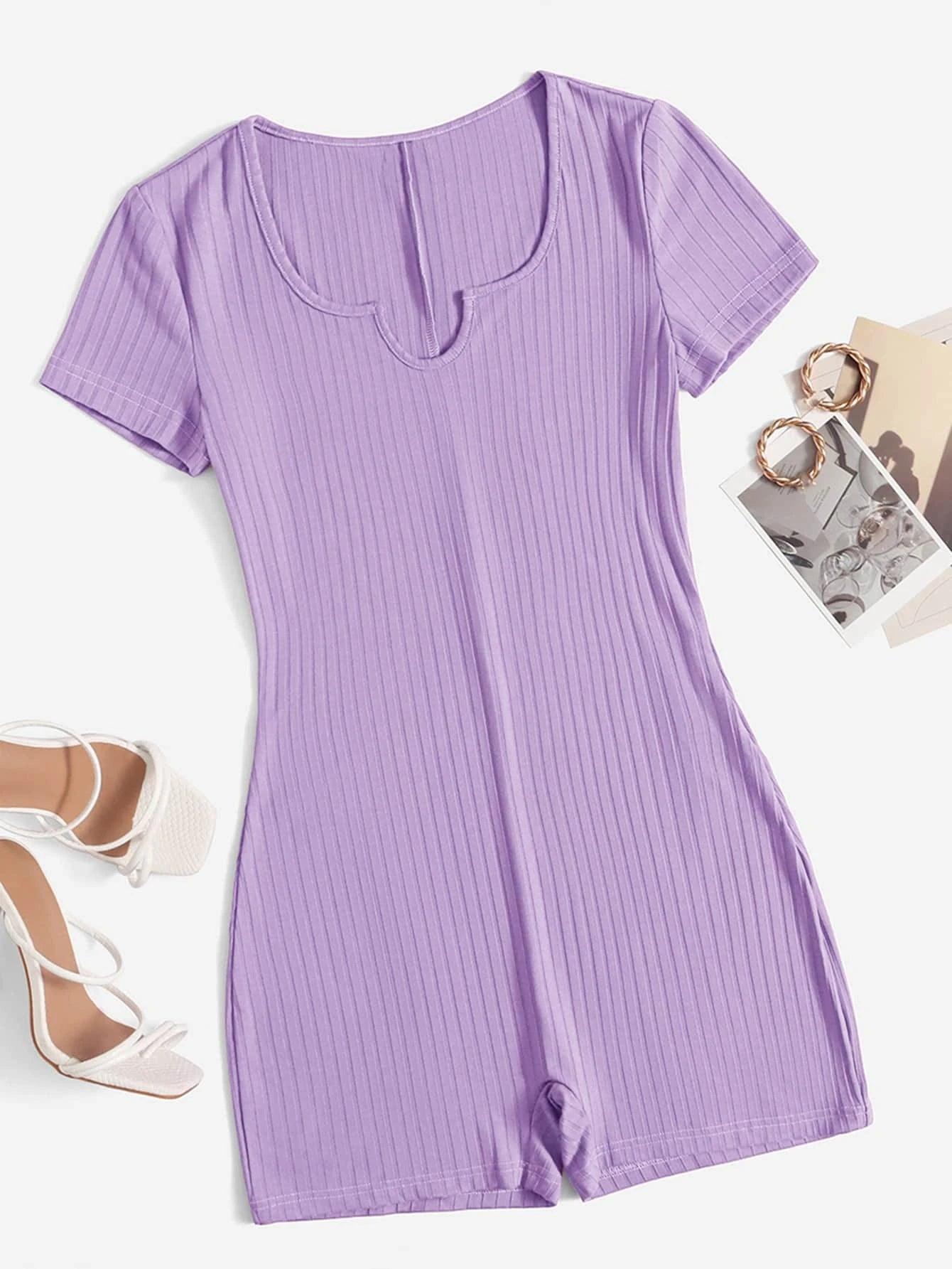 Short Sleeve Neck Rib Knit Romper-Comfy Jumpsuits