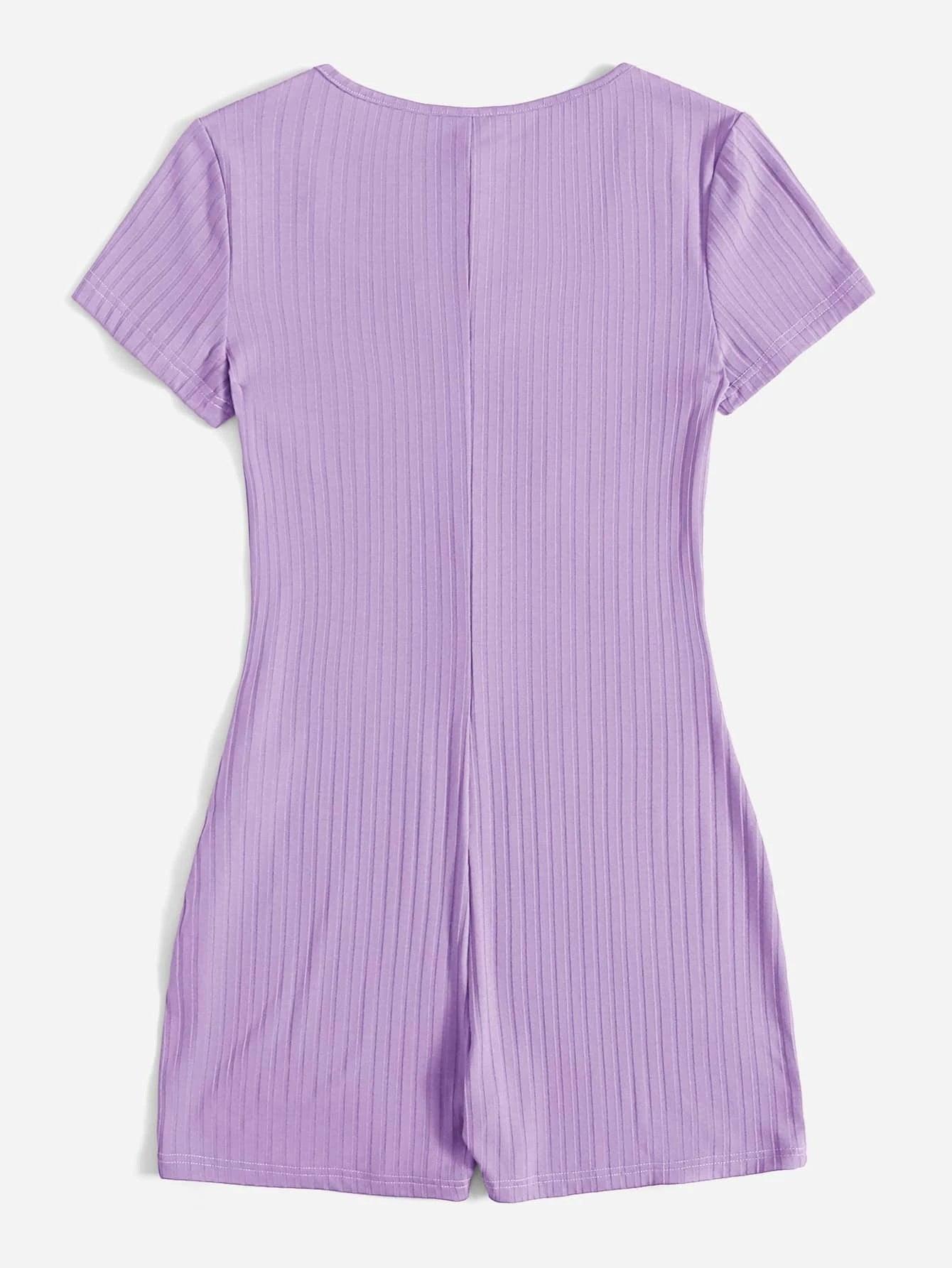 Short Sleeve Neck Rib Knit Romper-Comfy Jumpsuits