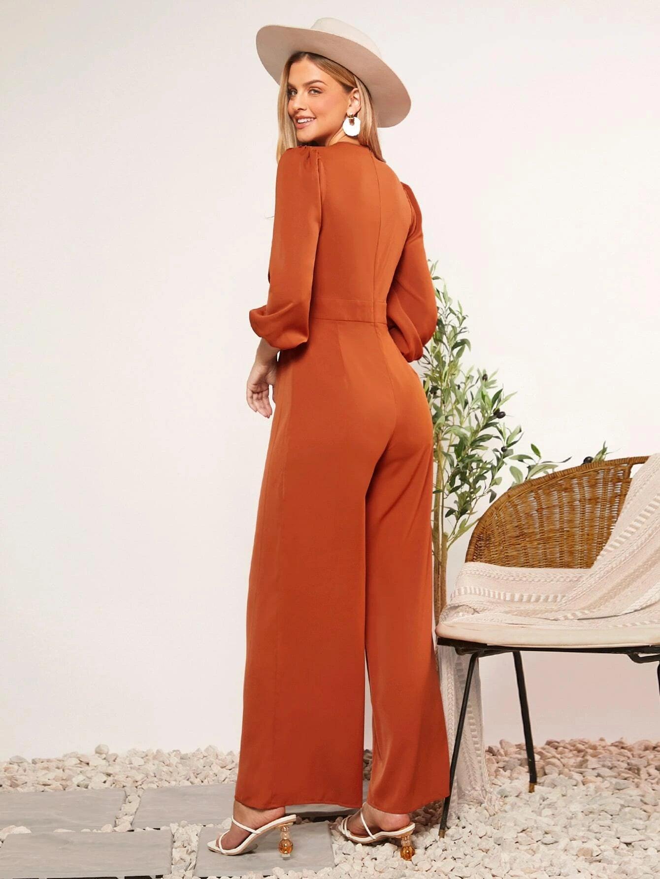 V-Neck Sleeve Wide Leg Jumpsuit-Comfy Jumpsuits