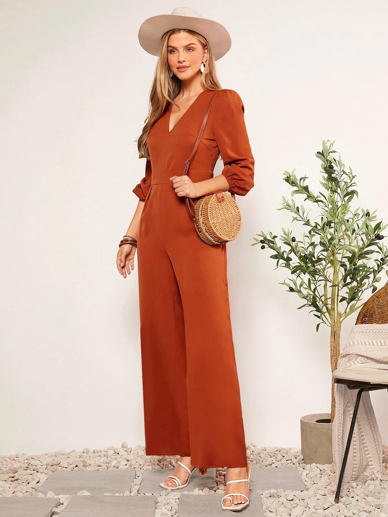 V-Neck Sleeve Wide Leg Jumpsuit-Comfy Jumpsuits