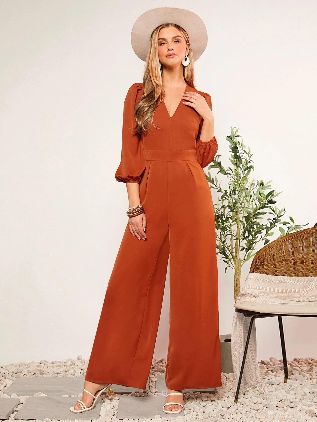V-Neck Sleeve Wide Leg Jumpsuit-Comfy Jumpsuits