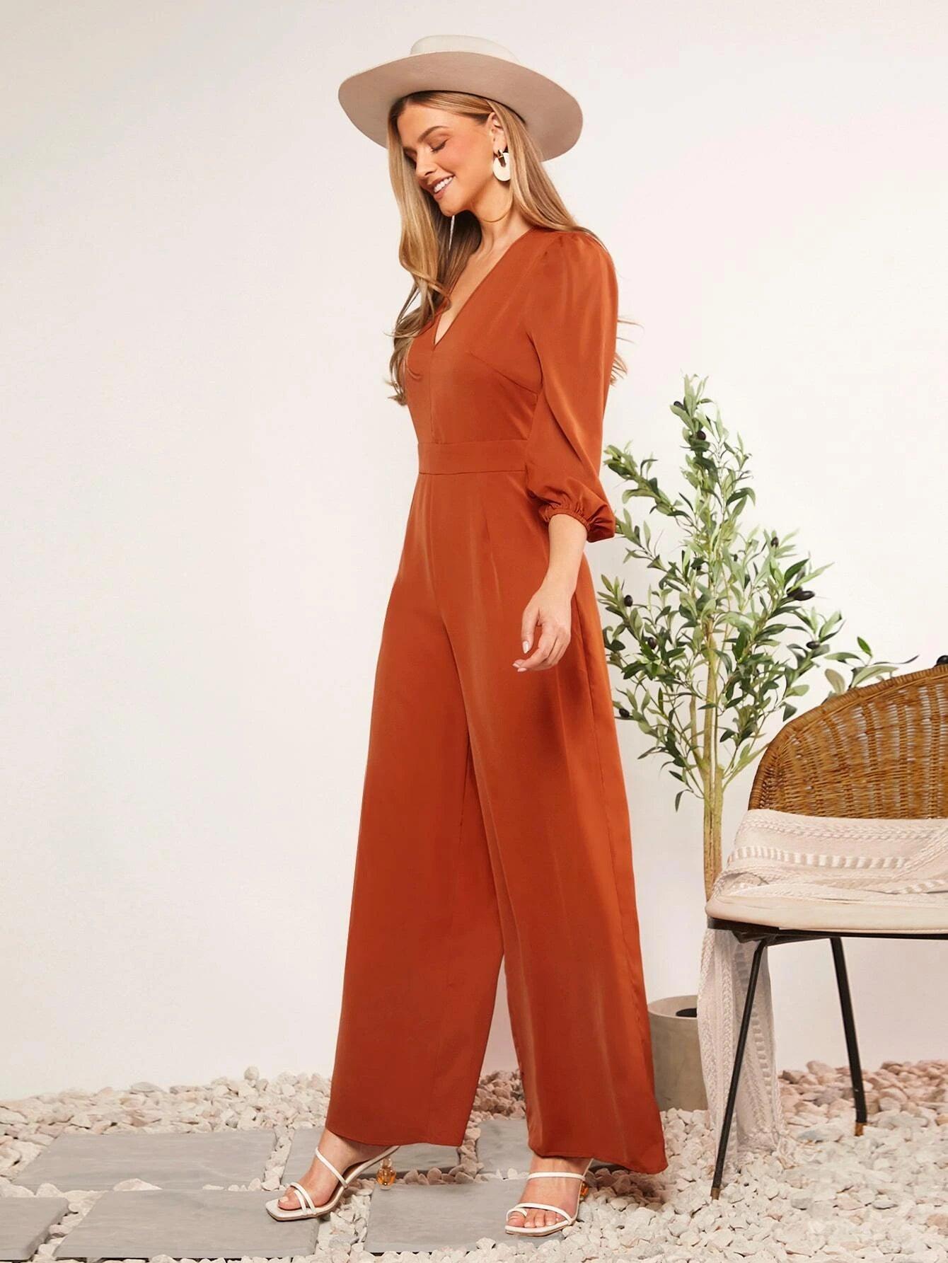 V-Neck Sleeve Wide Leg Jumpsuit-Comfy Jumpsuits