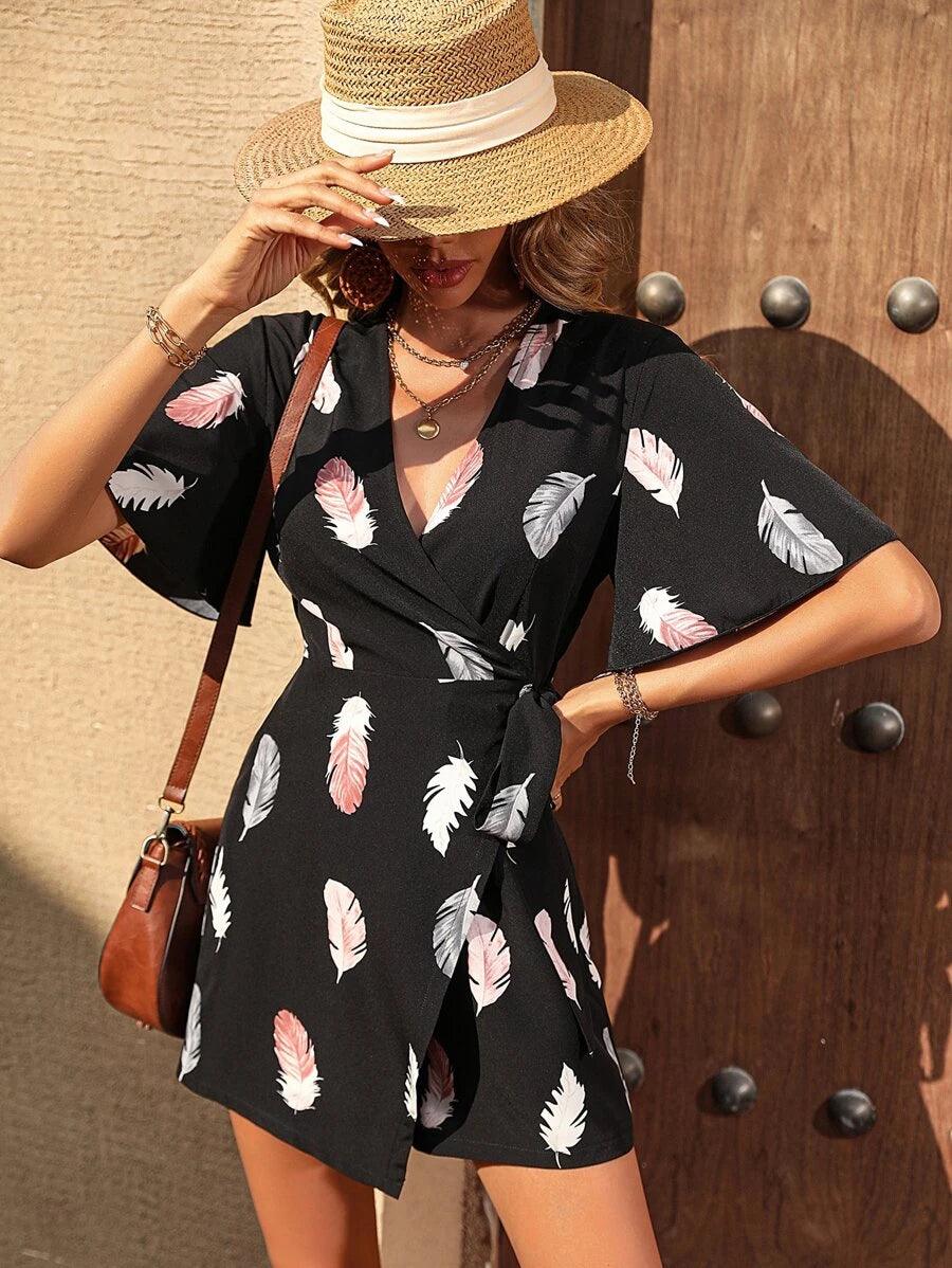 Feather Print Butterfly Sleeve Wrap Knot Side Romper-Comfy Jumpsuits