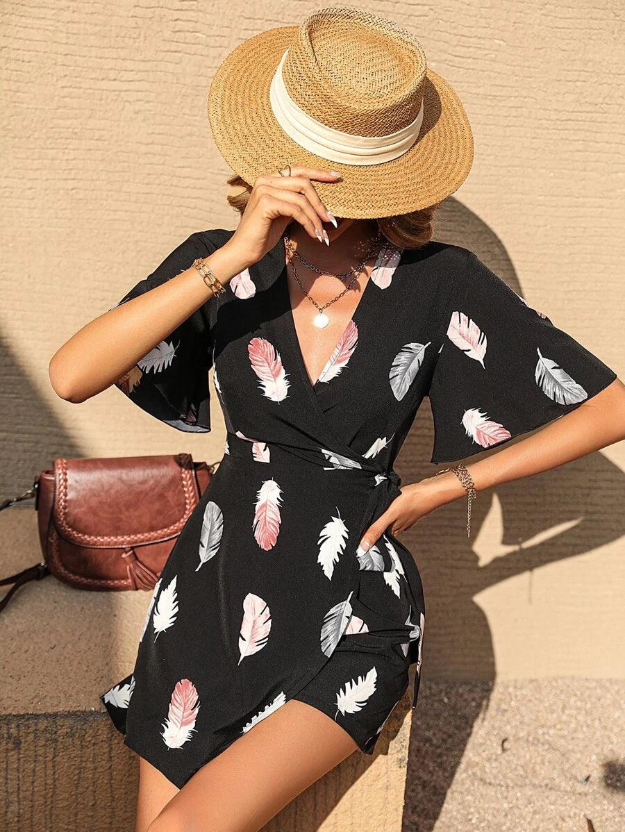 Feather Print Butterfly Sleeve Wrap Knot Side Romper-Comfy Jumpsuits