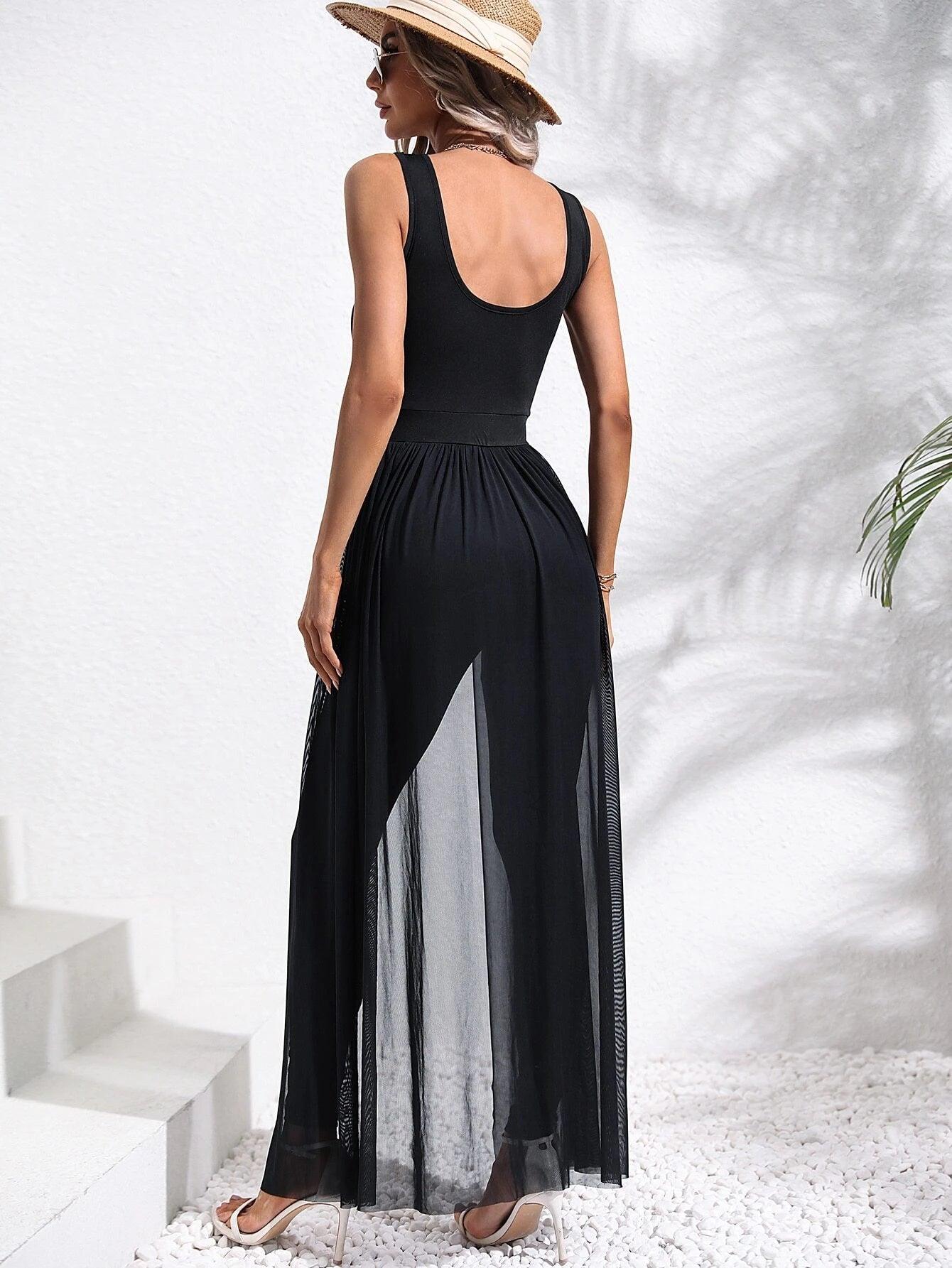 Contrast Mesh Overlay Unitard Jumpsuit-Comfy Jumpsuits