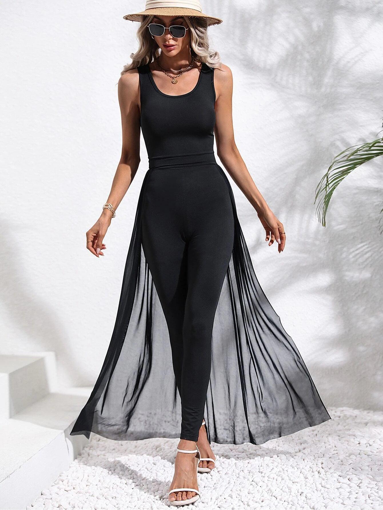 Contrast Mesh Overlay Unitard Jumpsuit-Comfy Jumpsuits