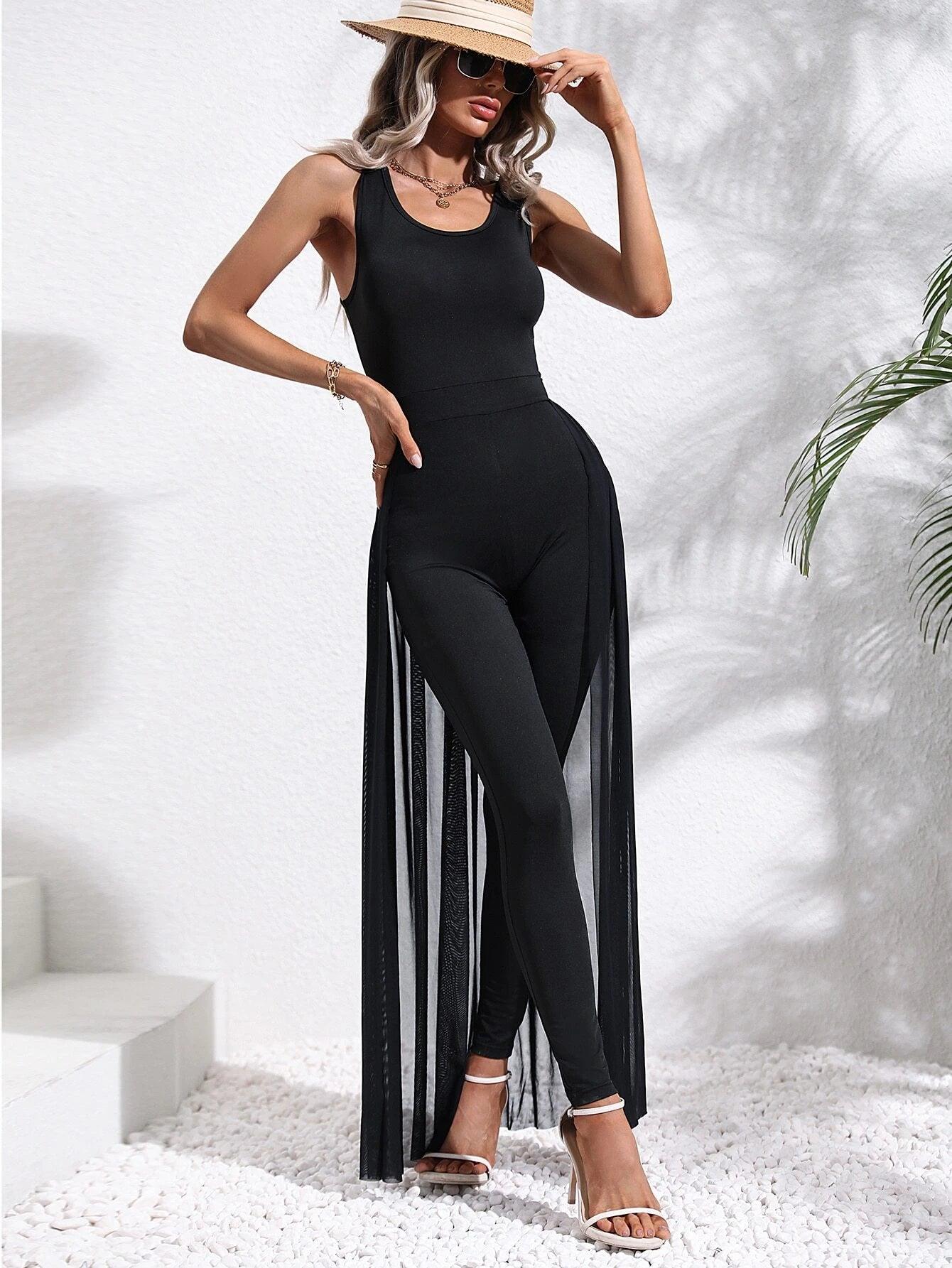 Contrast Mesh Overlay Unitard Jumpsuit-Comfy Jumpsuits
