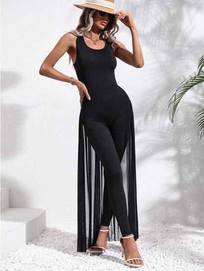 Contrast Mesh Overlay Unitard Jumpsuit-Comfy Jumpsuits