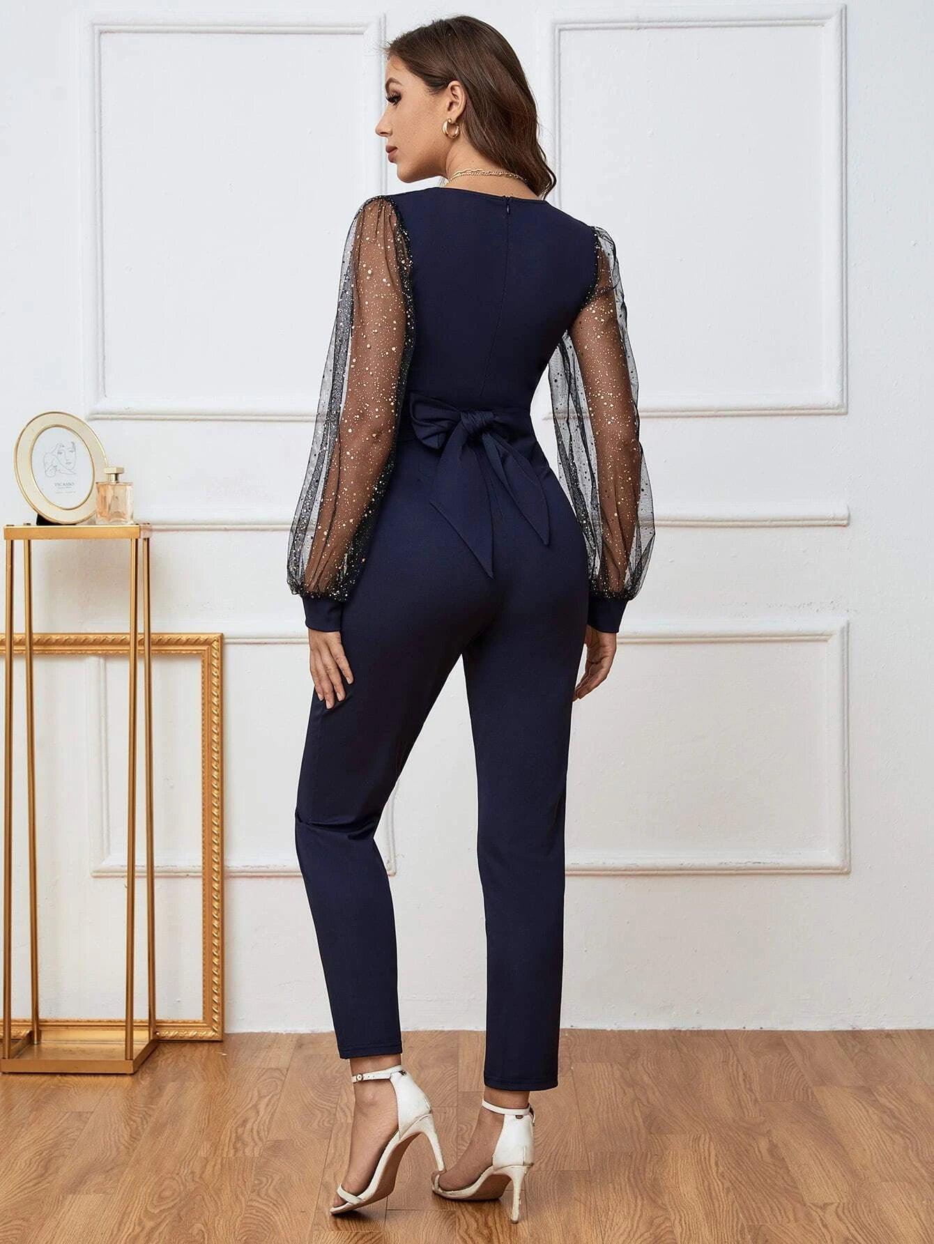 Mesh Lantern Sleeve Jumpsuit-Comfy Jumpsuits