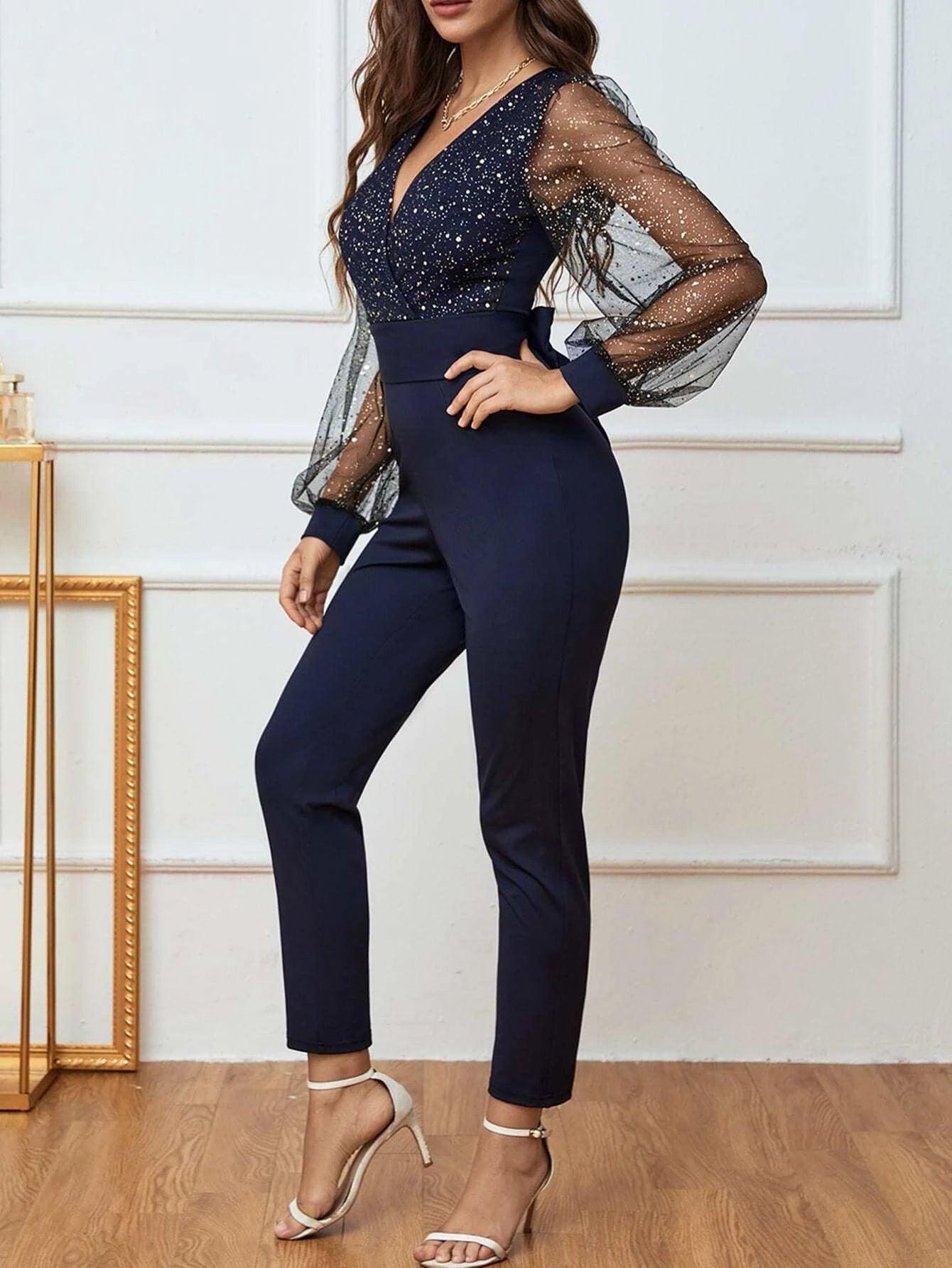 Mesh Lantern Sleeve Jumpsuit-Comfy Jumpsuits