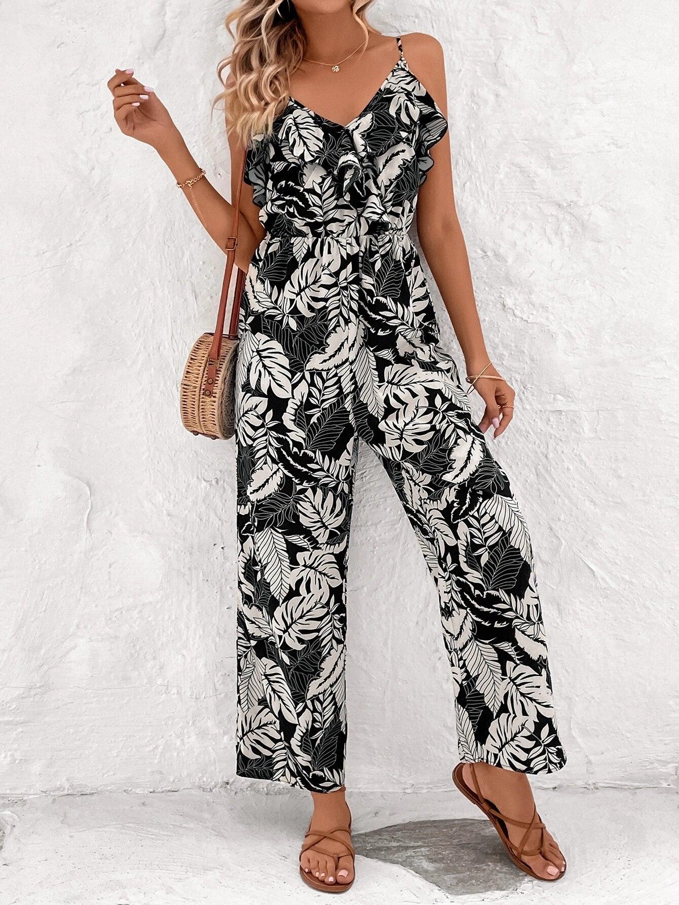 Printed Ruffle Cami Jumpsuit-Comfy Jumpsuits