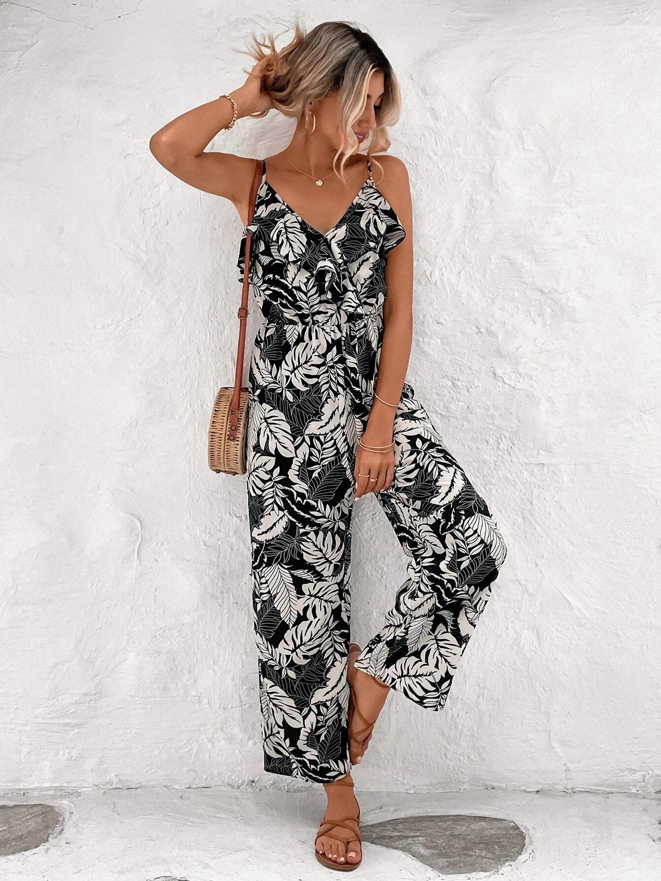 Printed Ruffle Cami Jumpsuit-Comfy Jumpsuits