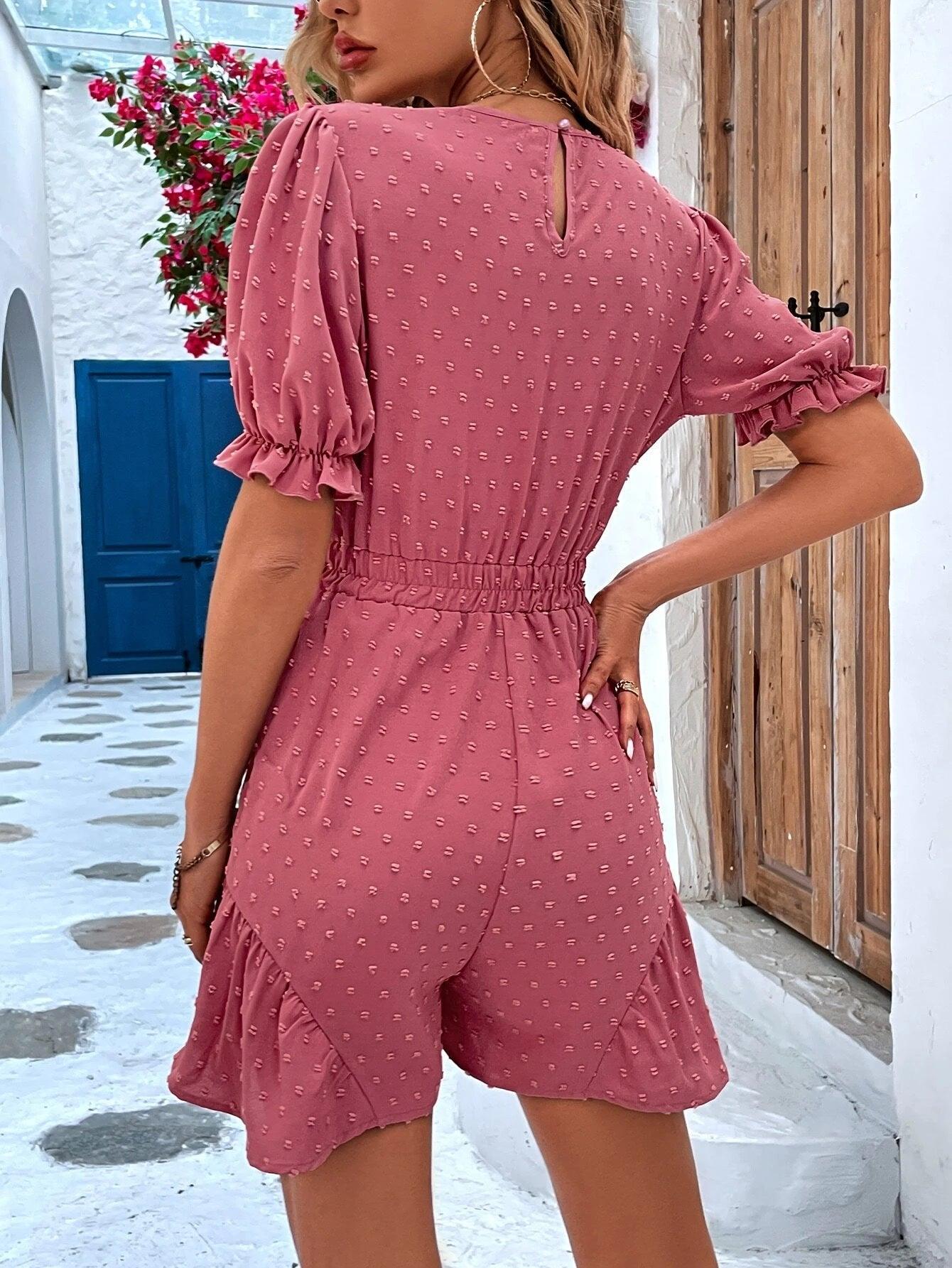 Sleeve Knot Front Ruffle Hem Romper-Comfy Jumpsuits