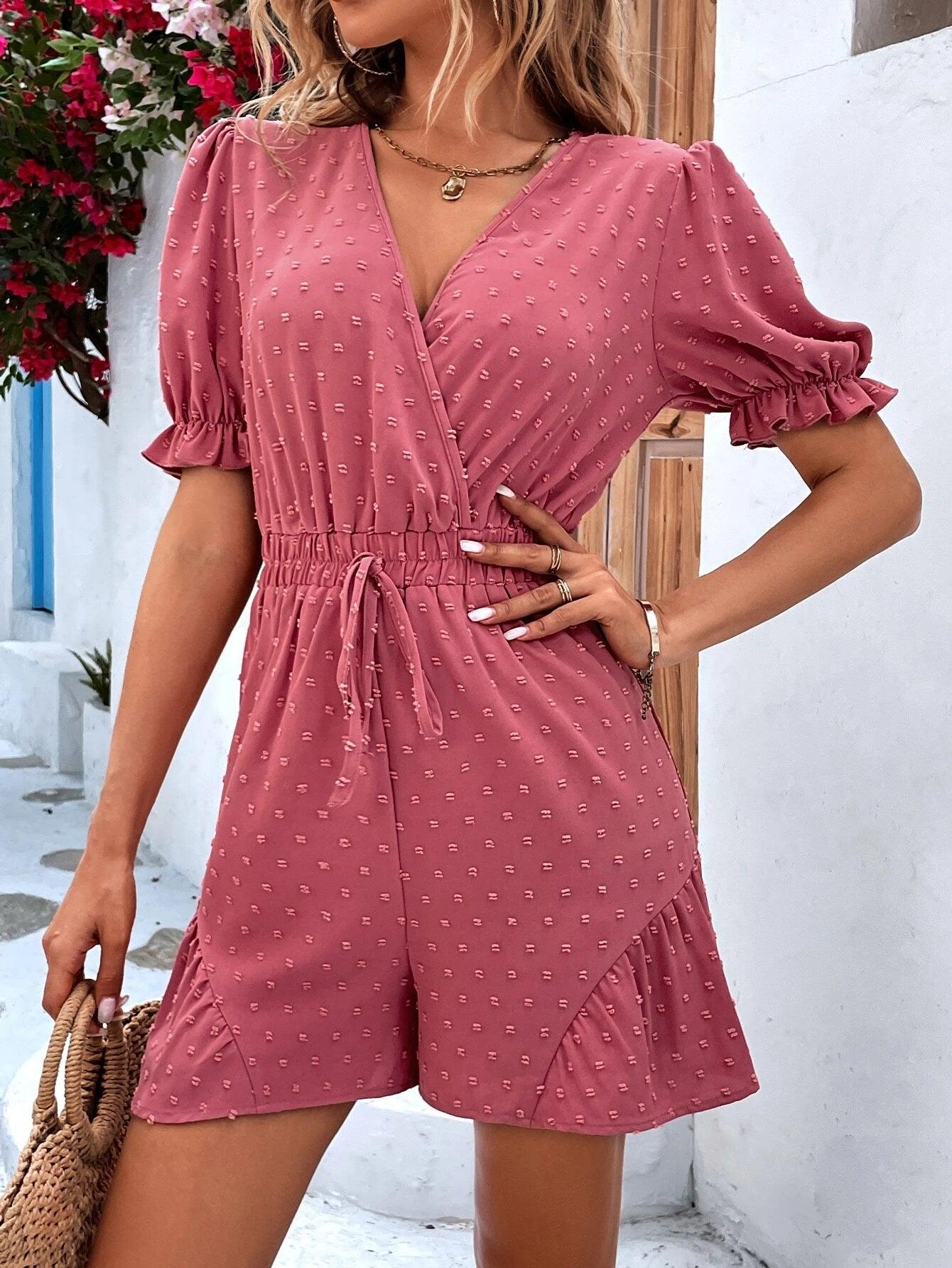 Sleeve Knot Front Ruffle Hem Romper-Comfy Jumpsuits