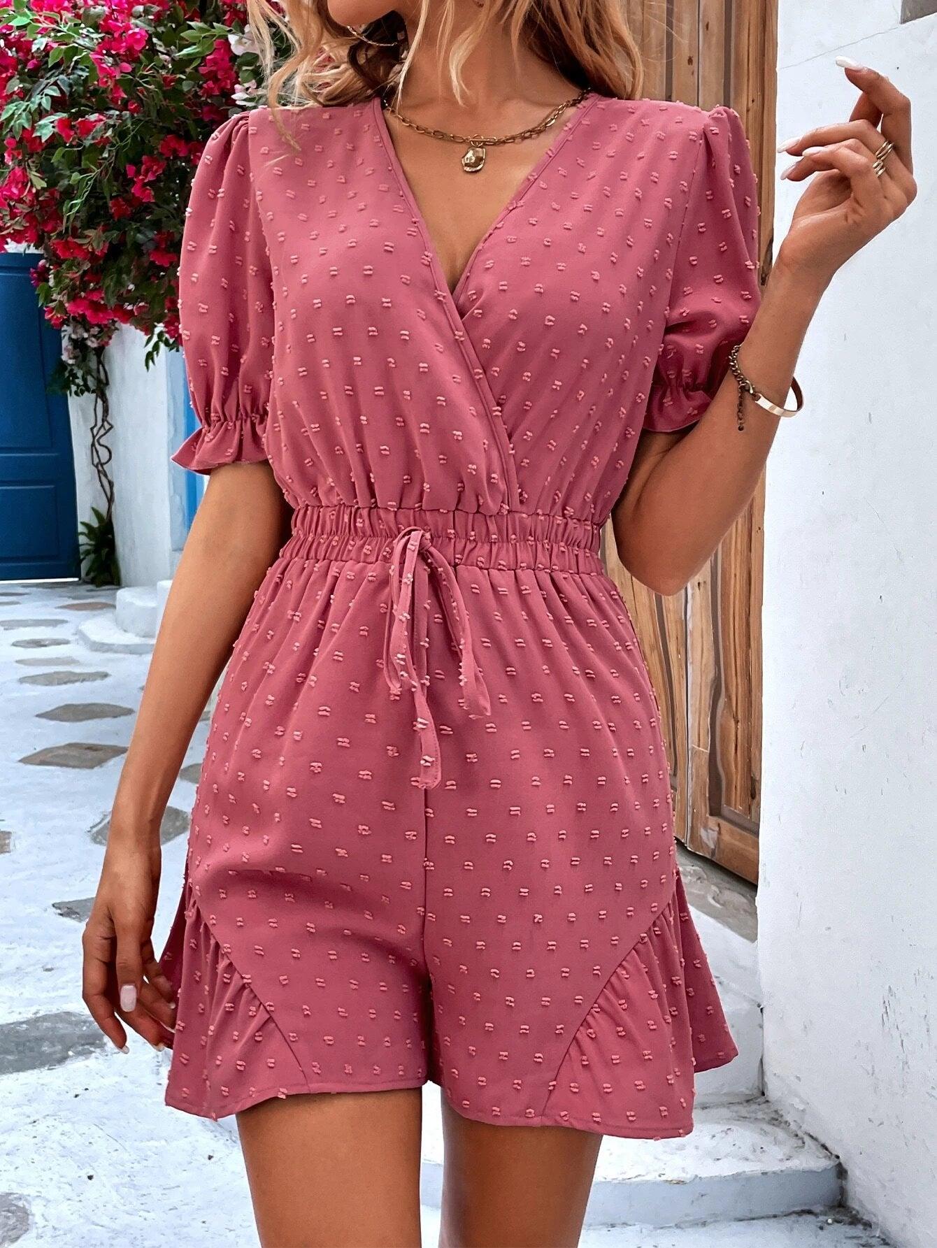 Sleeve Knot Front Ruffle Hem Romper-Comfy Jumpsuits