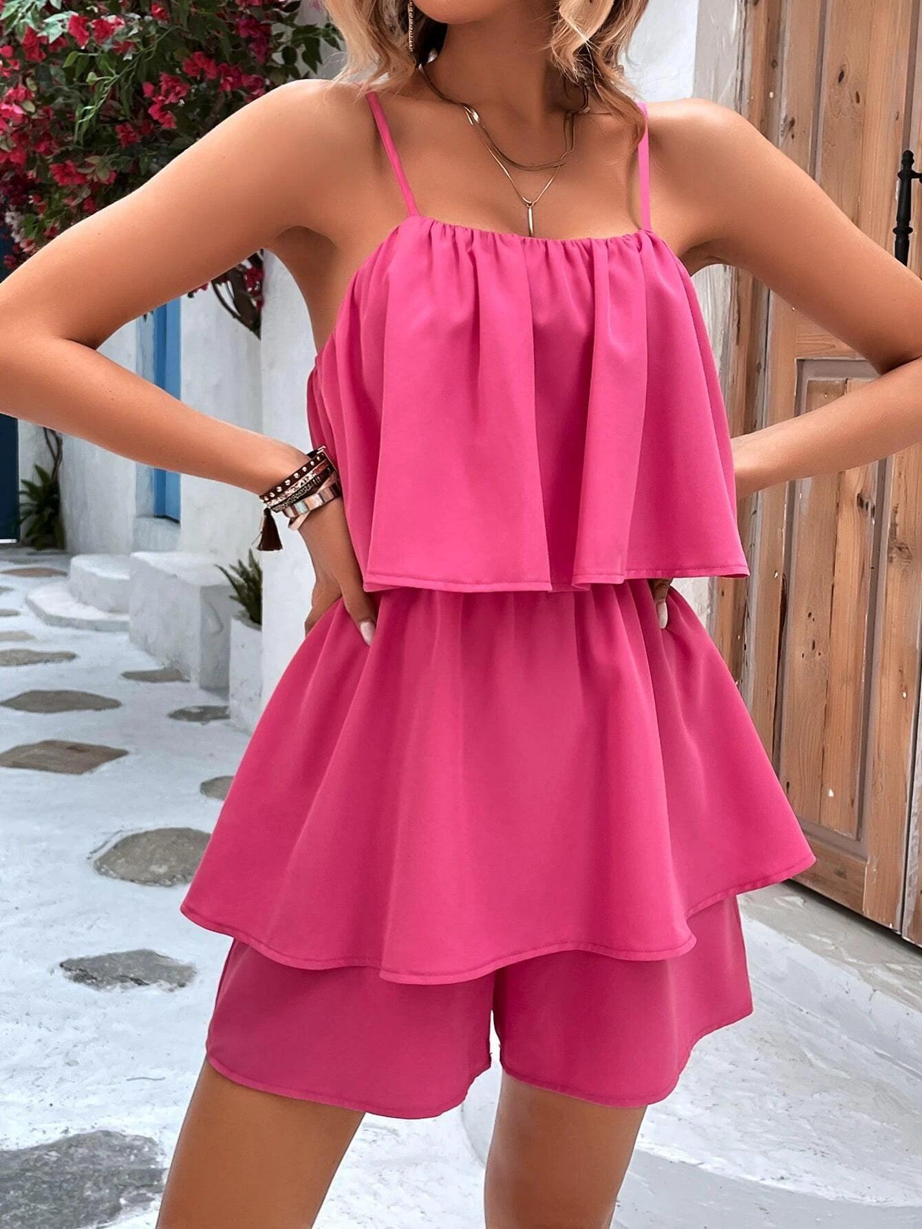 Ruffle Trim Sleeveless Cami Romper-Comfy Jumpsuits