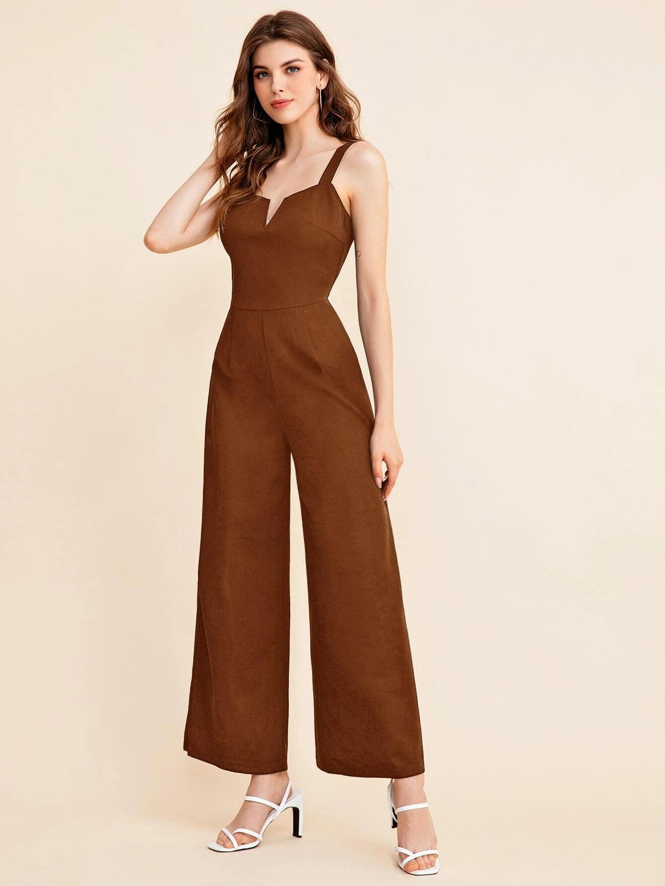 Notch Neck Solid Slip Jumpsuit-Comfy Jumpsuits