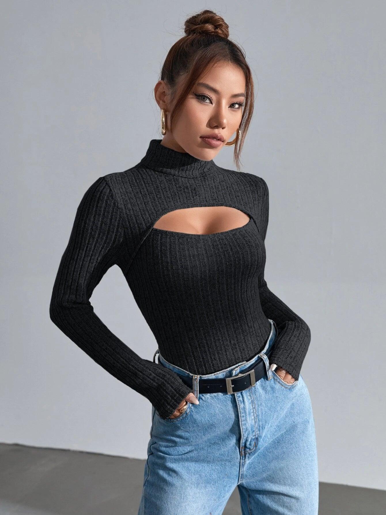 Ribbed Knit Cut Out Front Turtleneck Bodysuit-Comfy Jumpsuits
