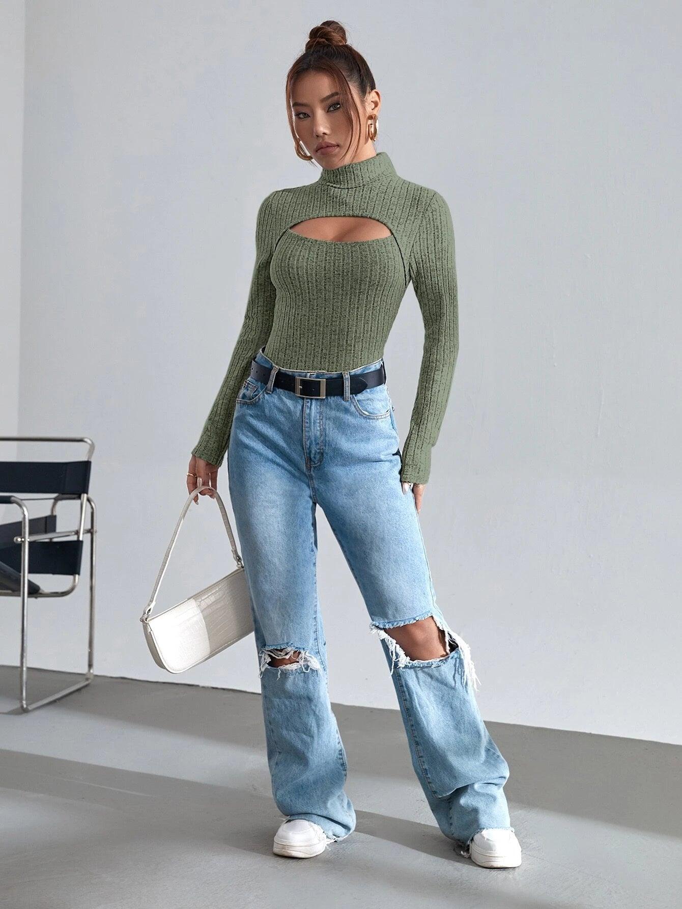 Ribbed Knit Cut Out Front Turtleneck Bodysuit-Comfy Jumpsuits