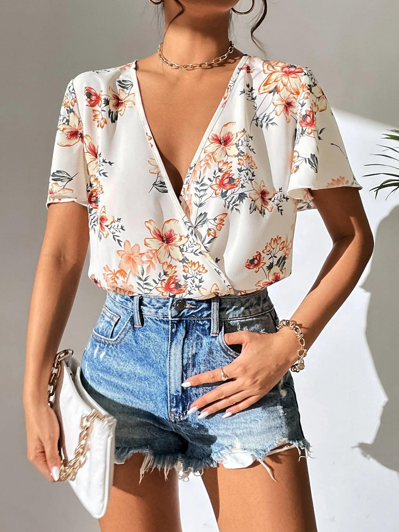 Floral Print Surplice Neck Butterfly Sleeve Bodysuit-Comfy Jumpsuits