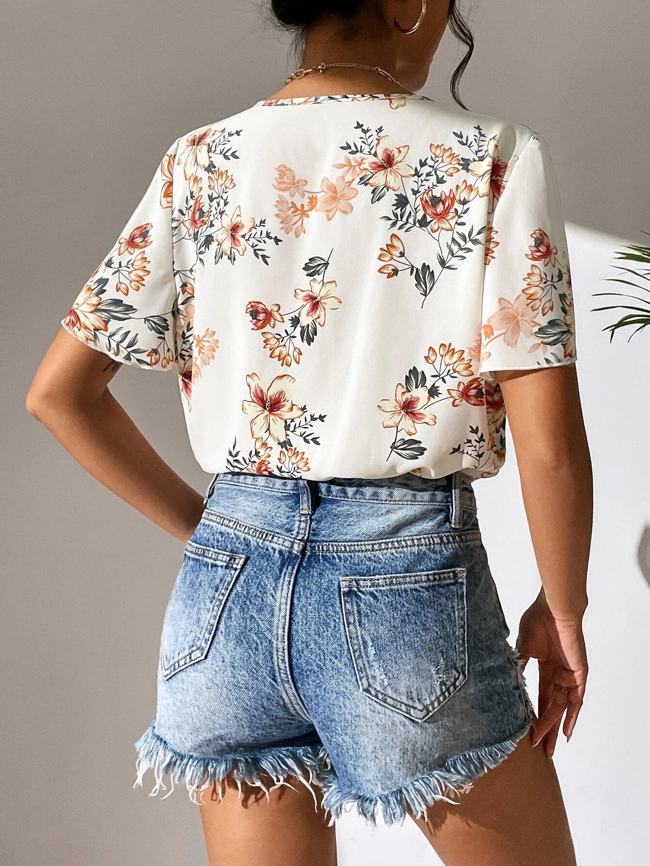 Floral Print Surplice Neck Butterfly Sleeve Bodysuit-Comfy Jumpsuits